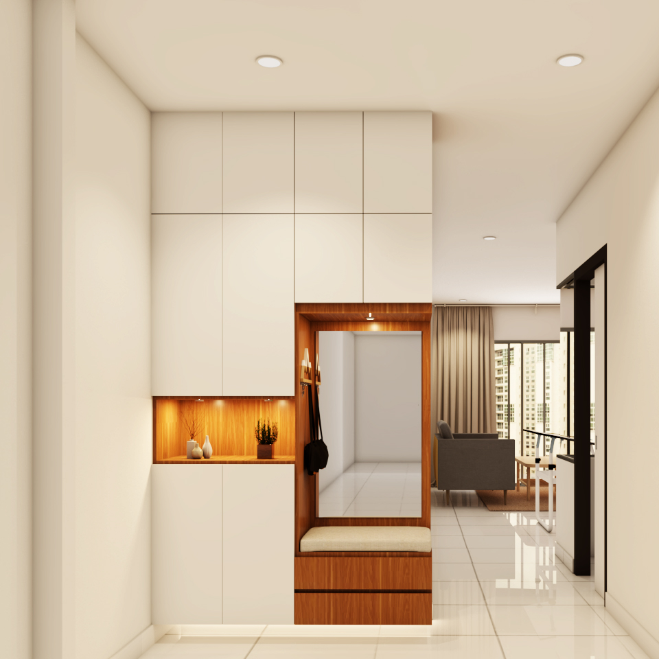 Spacious Foyer Design With White Cabinet And Wooden Storage Seater ...