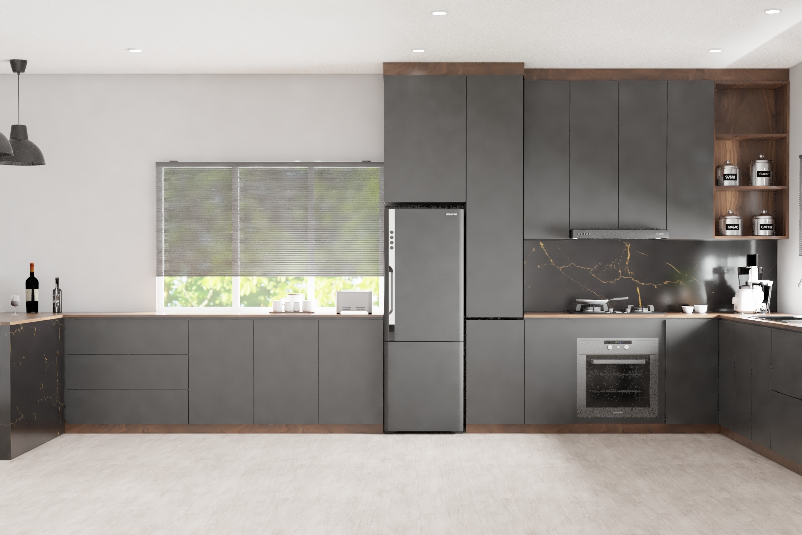 Spacious Grey-Themed Kitchen Design With Open Layout | Livspace