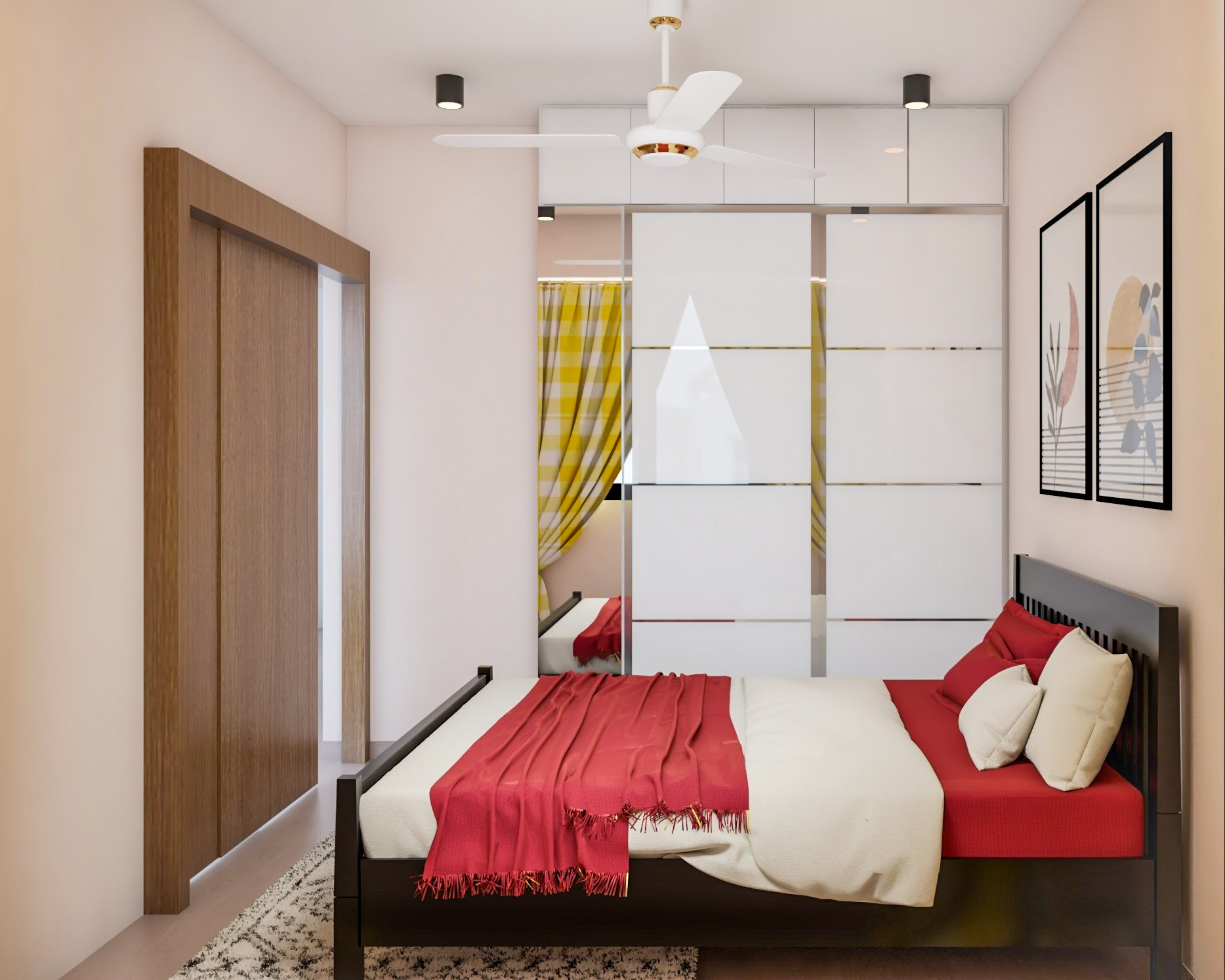 Compact Bedroom with Contemporary Wooden Bed and White Finishes Livspace