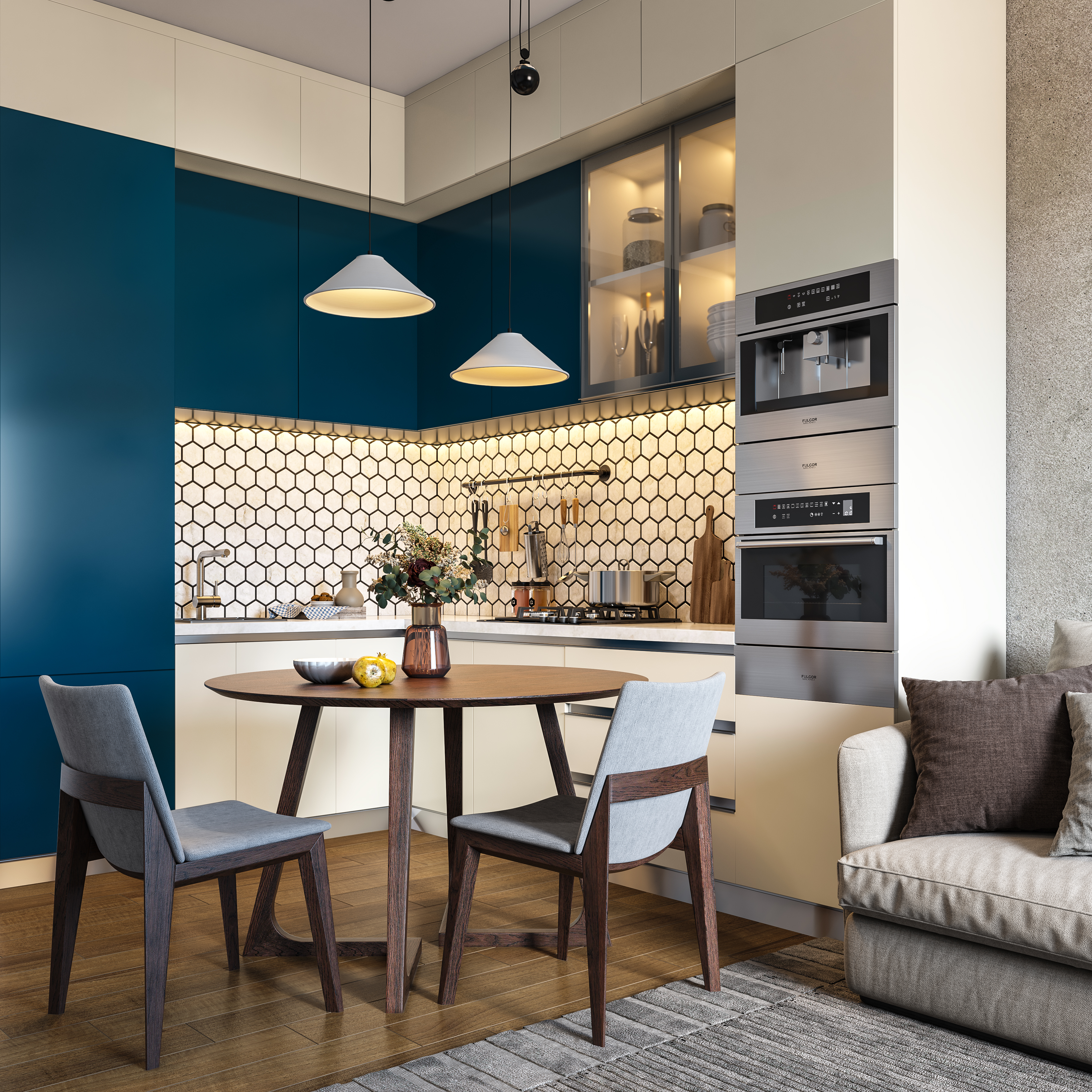 Compact Blue and White Kitchen Design with Dining Table | Livspace