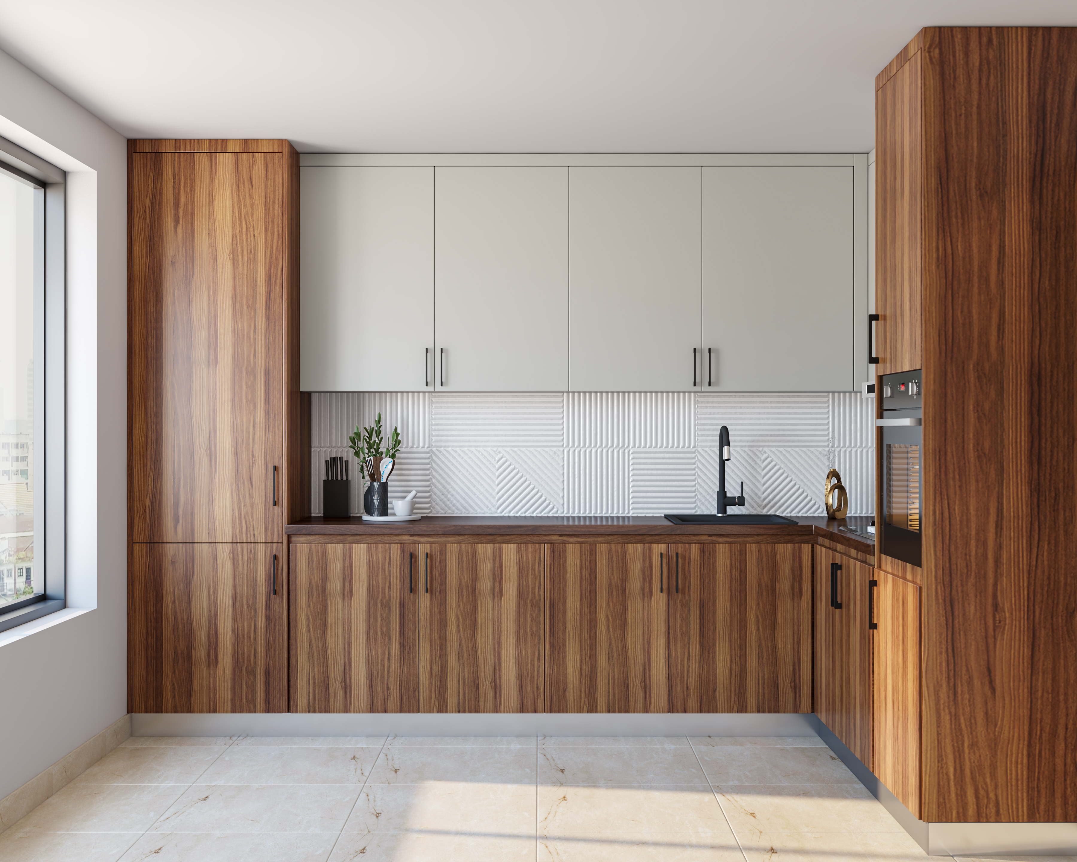 Modern Wood and White Kitchen Design with Large Size Cabinets | Livspace