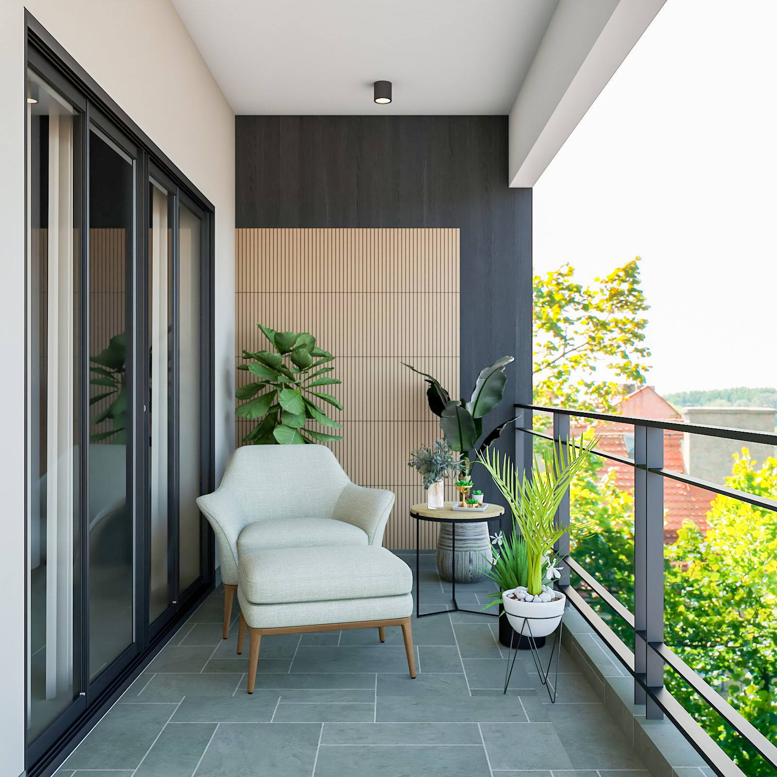 Picture of Spacious Balcony Design With Grey-Brown Accent Wall And Accent Chair ...