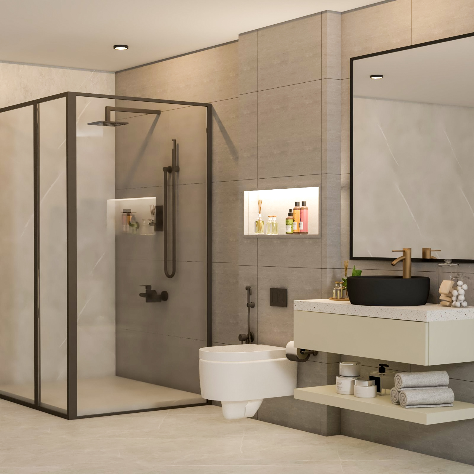Modern Bathroom Design With Walk-in Shower And Off-White Vanity Unit ...