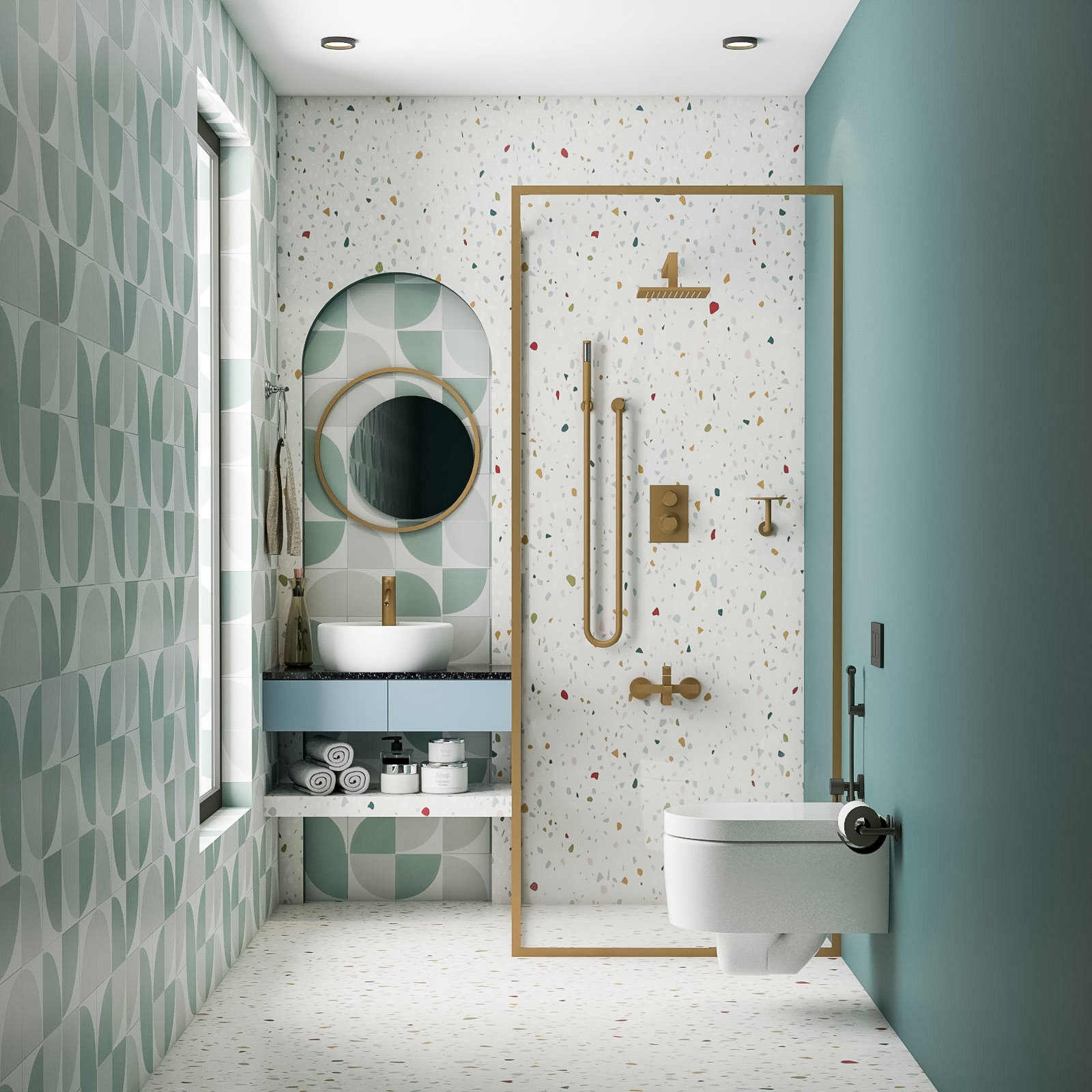 Modern Bathroom Design: Glass Partition, Circular Mirror & Terrazzo ...