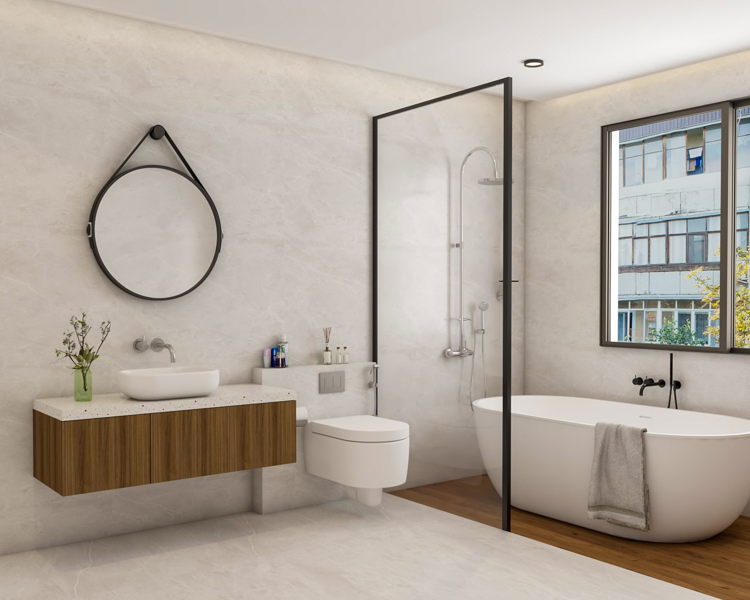 Beige And Wood Bathroom Design With White Bathtub | Livspace