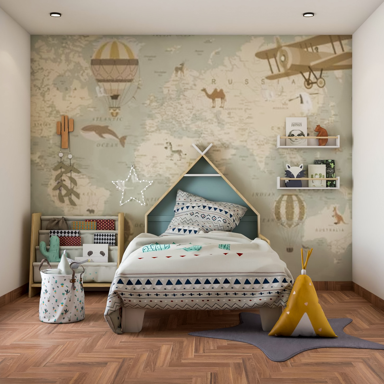Spacious Kids Room Design With World Map-Themed Wallpaper | Livspace
