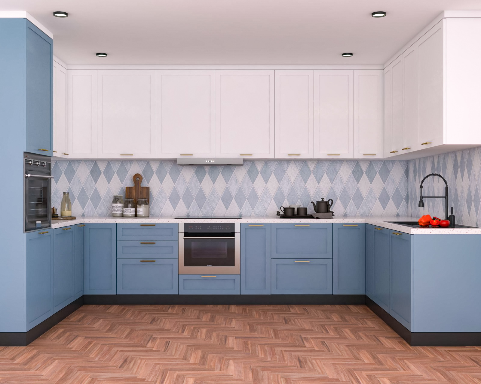 Spacious U-Shaped Blue And White Kitchen Design With Diamond-Shaped ...