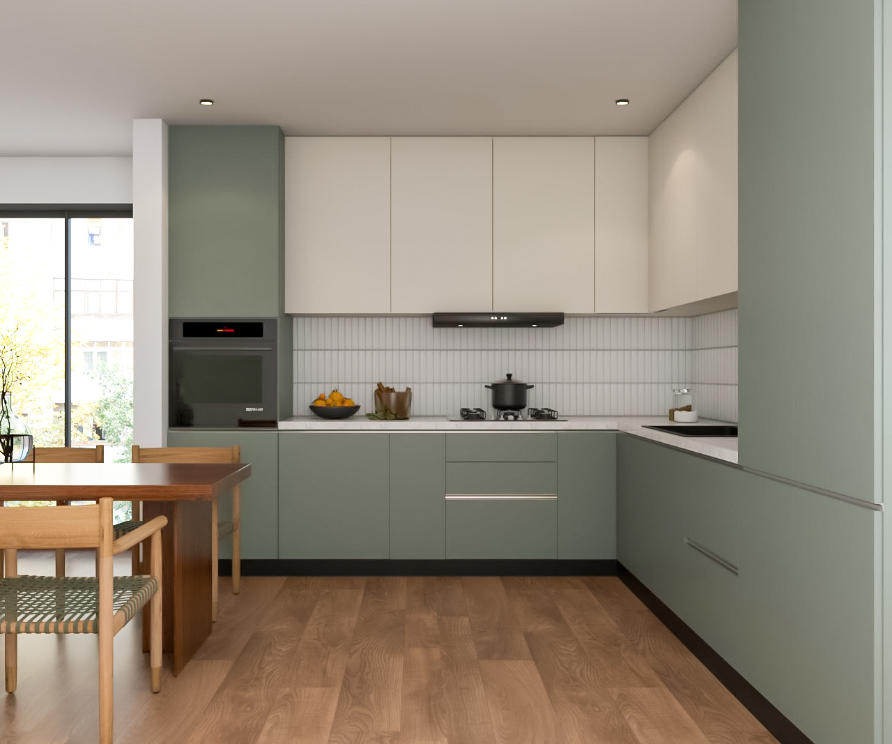 Modern L-Shaped Kitchen Design in Sage Green and White With Quartz ...
