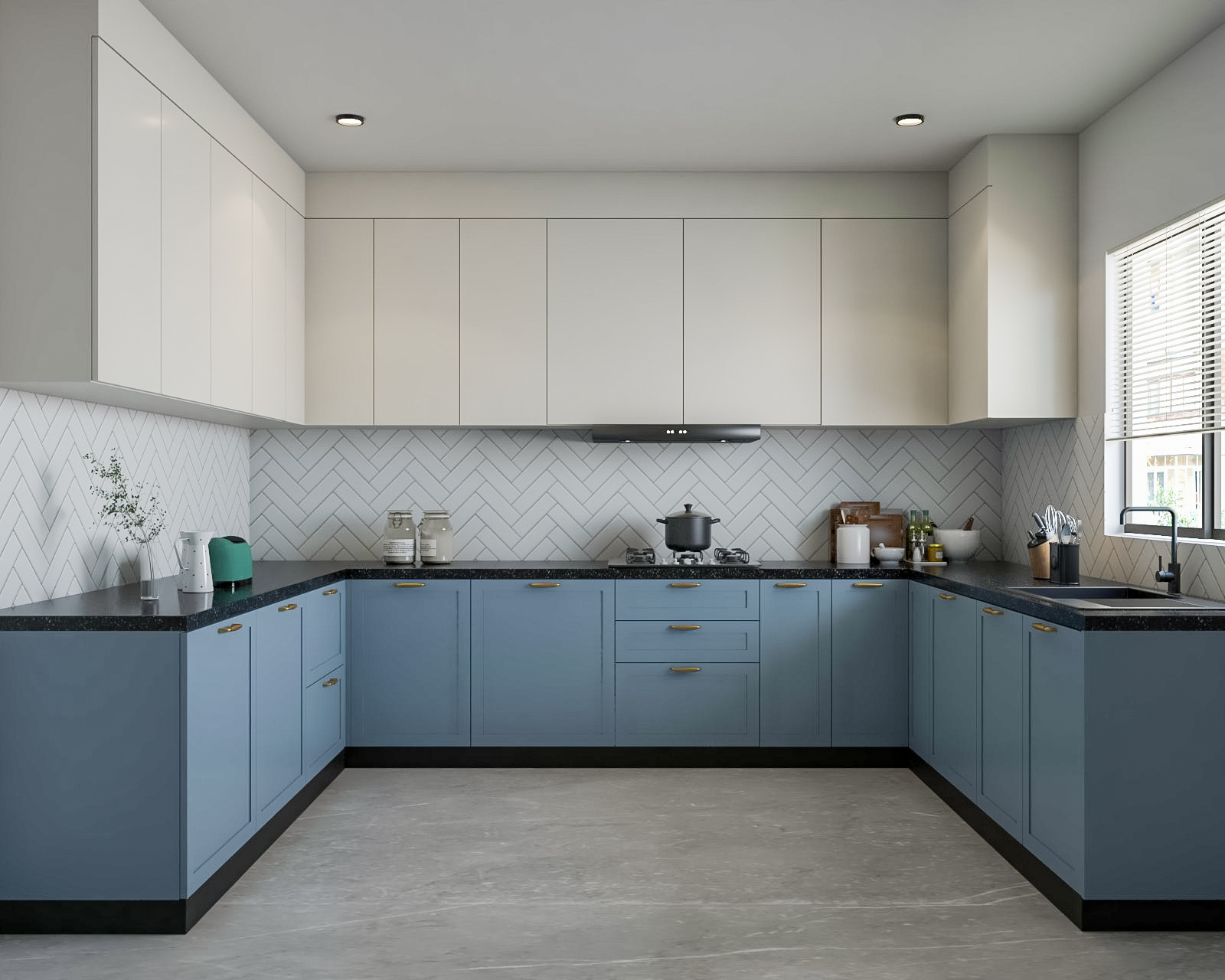 Spacious Family Friendly: Blue and White Modern U-Shaped Kitchen Design ...