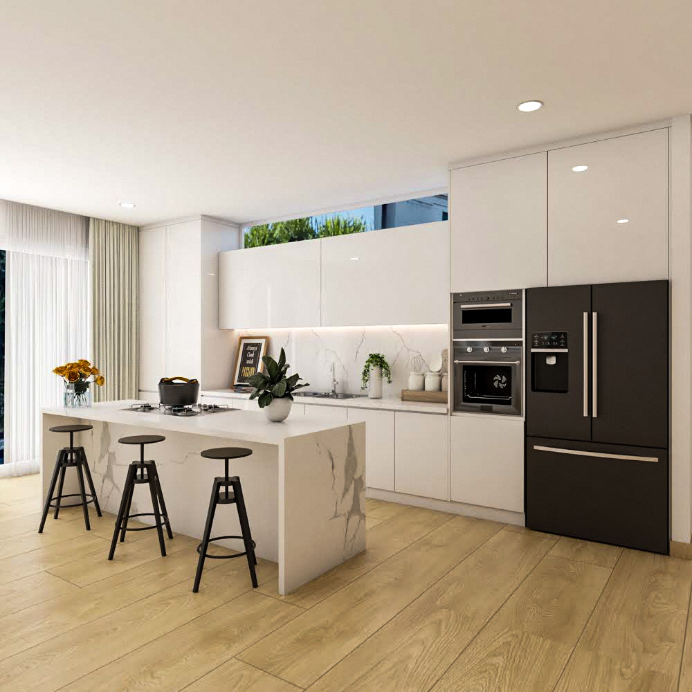 White Island Kitchen Design With Quartz Countertop | Livspace