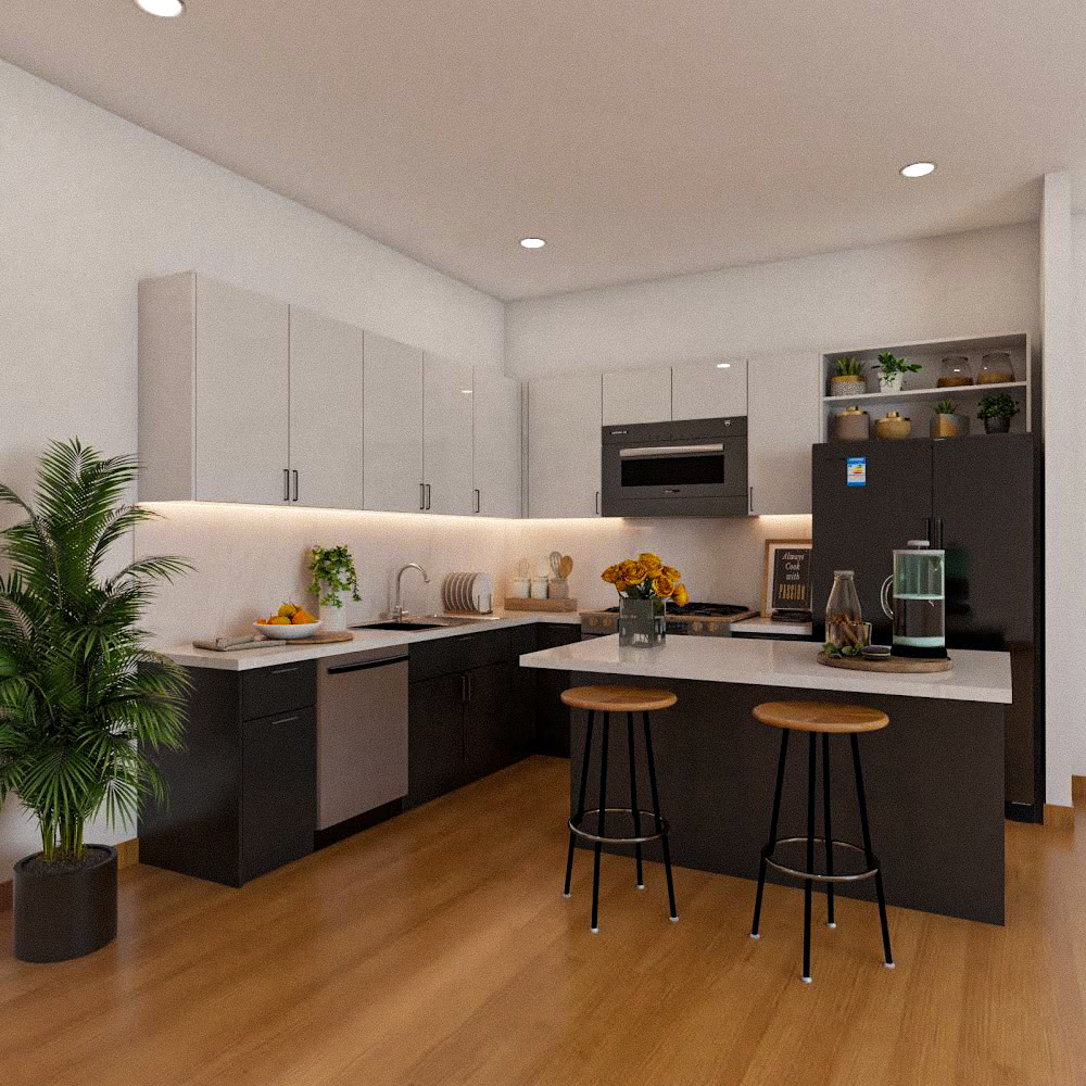 Black And White Modular Kitchen Design With Kitchen Island | Livspace