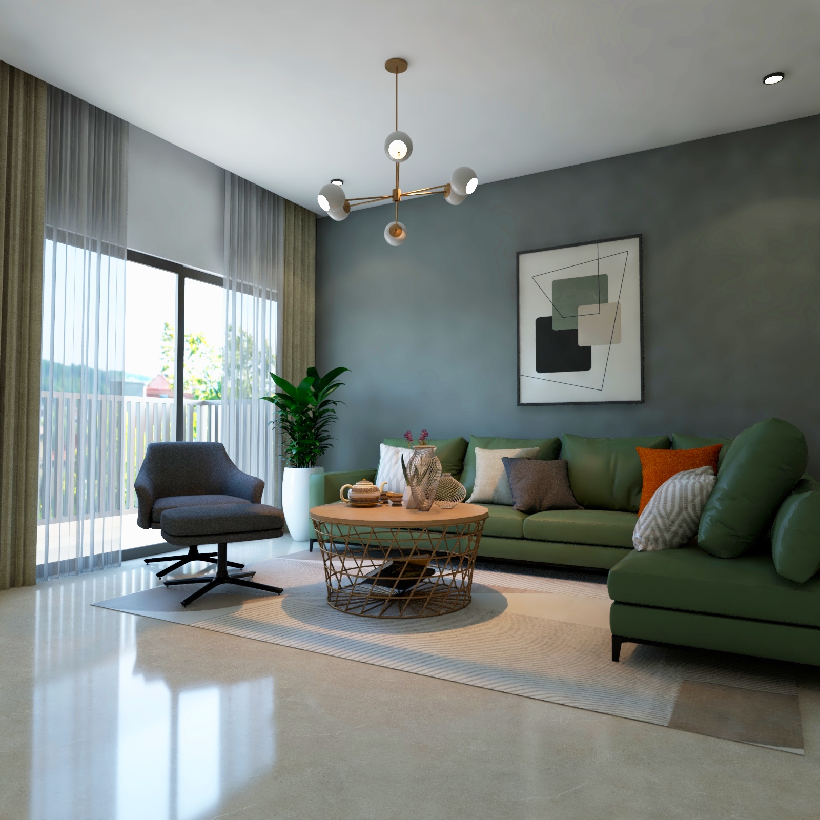 Living Room Design With L-Shaped Green Sofa And Grey Textured Wall - 18 ...