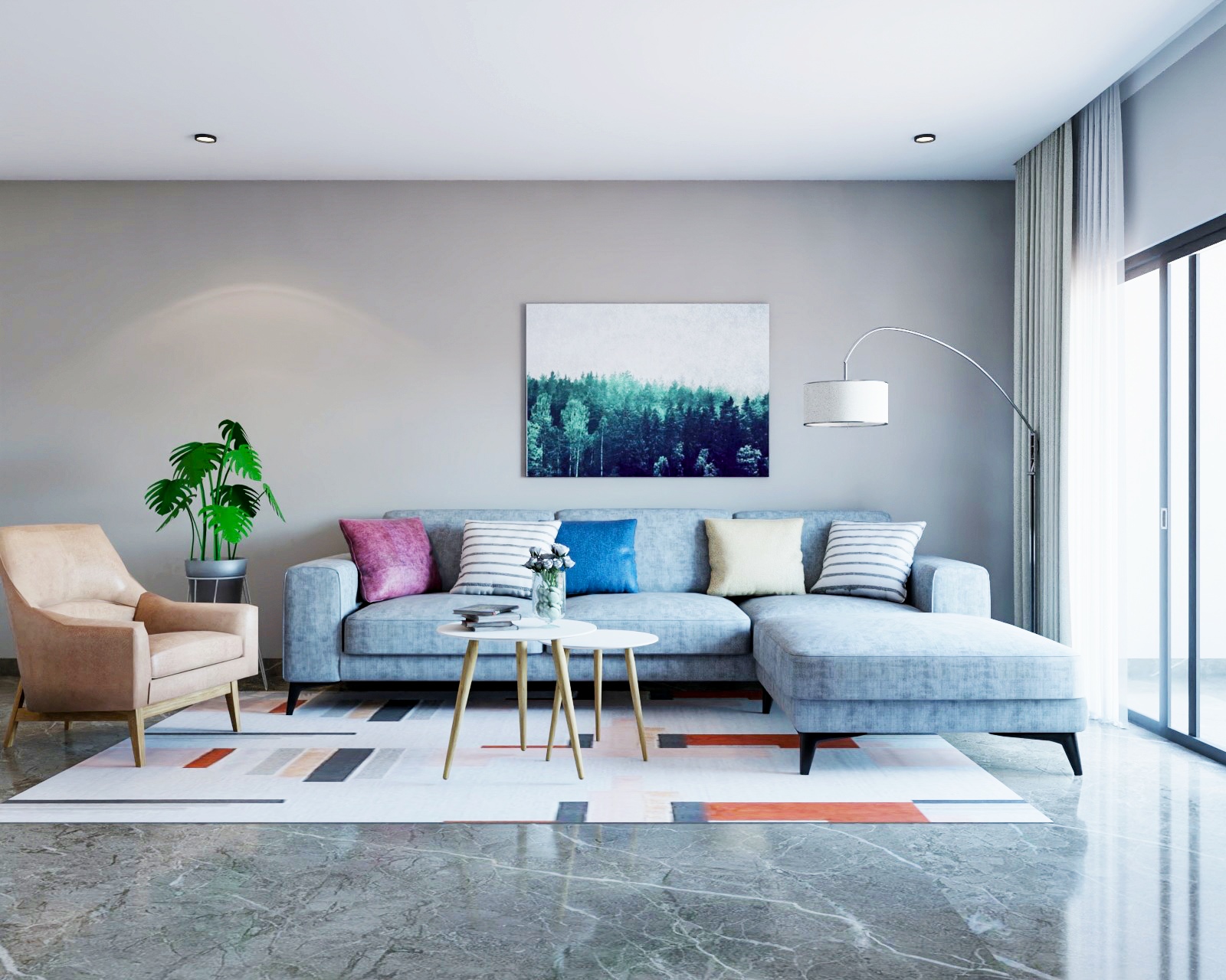 Grey Glossy Contemporary Living Room Flooring Design | Livspace