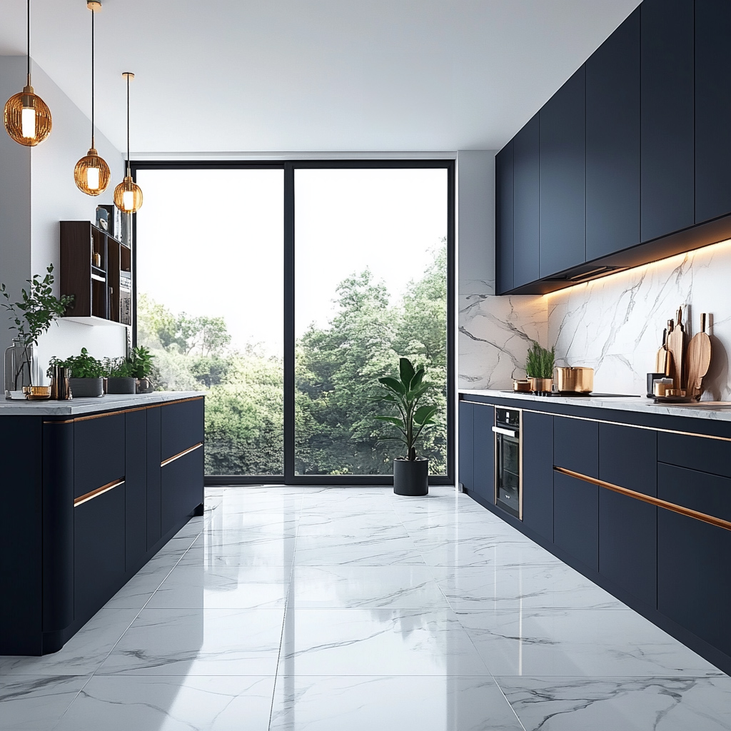 Black Contemporary Parallel Kitchen Design with Quartz Countertop and ...