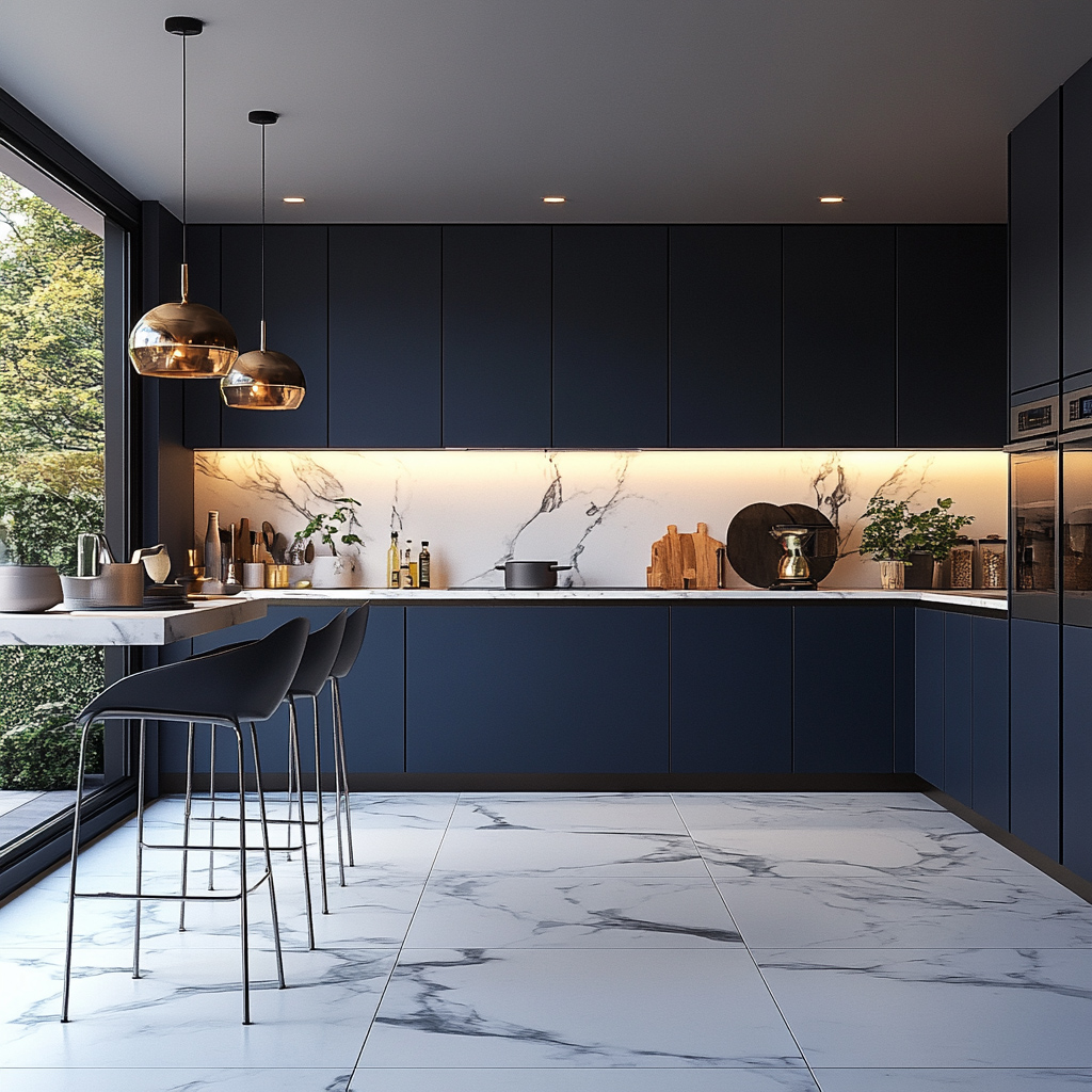 Modern L-Shaped Kitchen Design with Blue Cabinets, Marble Backsplash ...