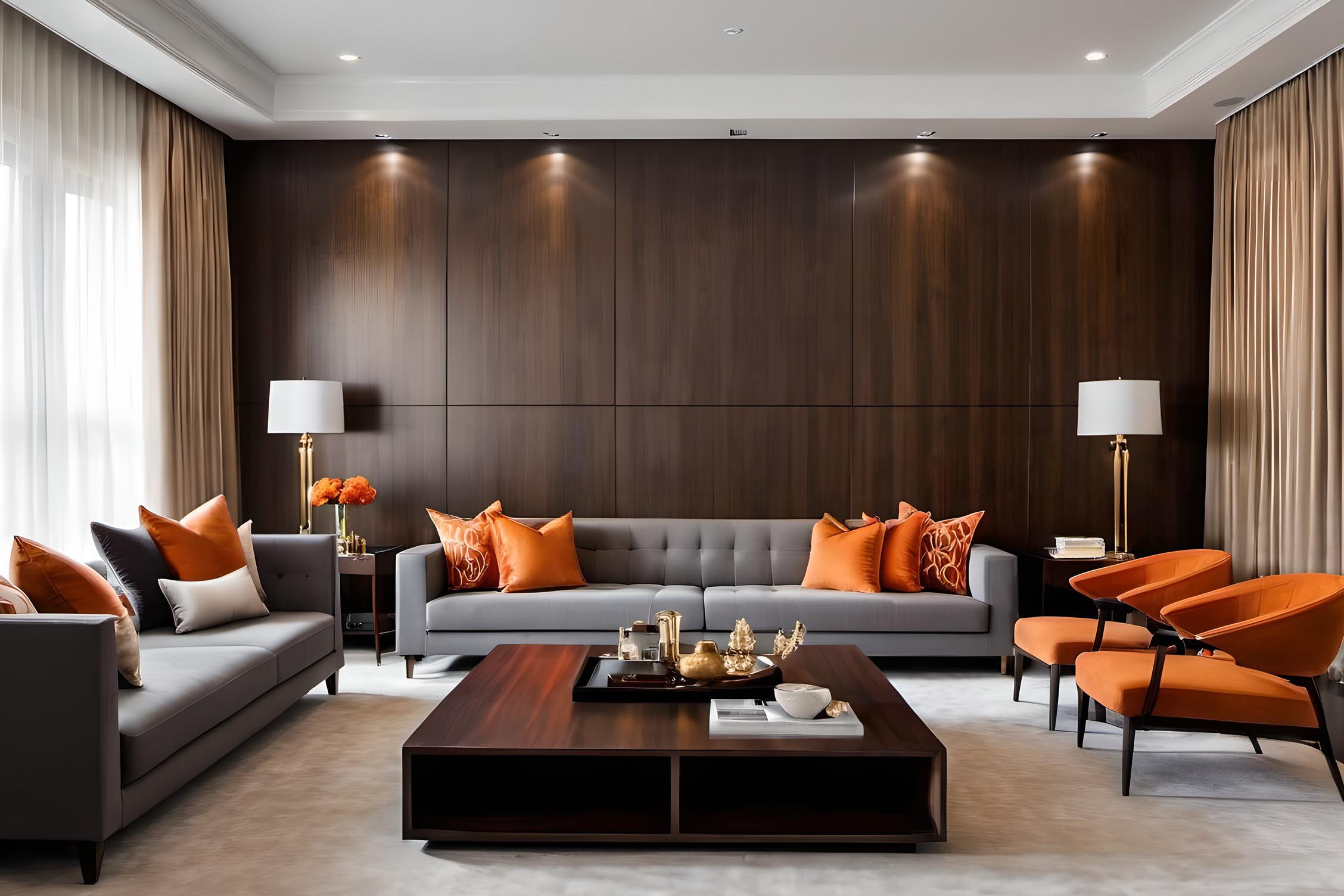 Modern Living Room Design: Orange Accent Chairs & Grey Sofa | Livspace