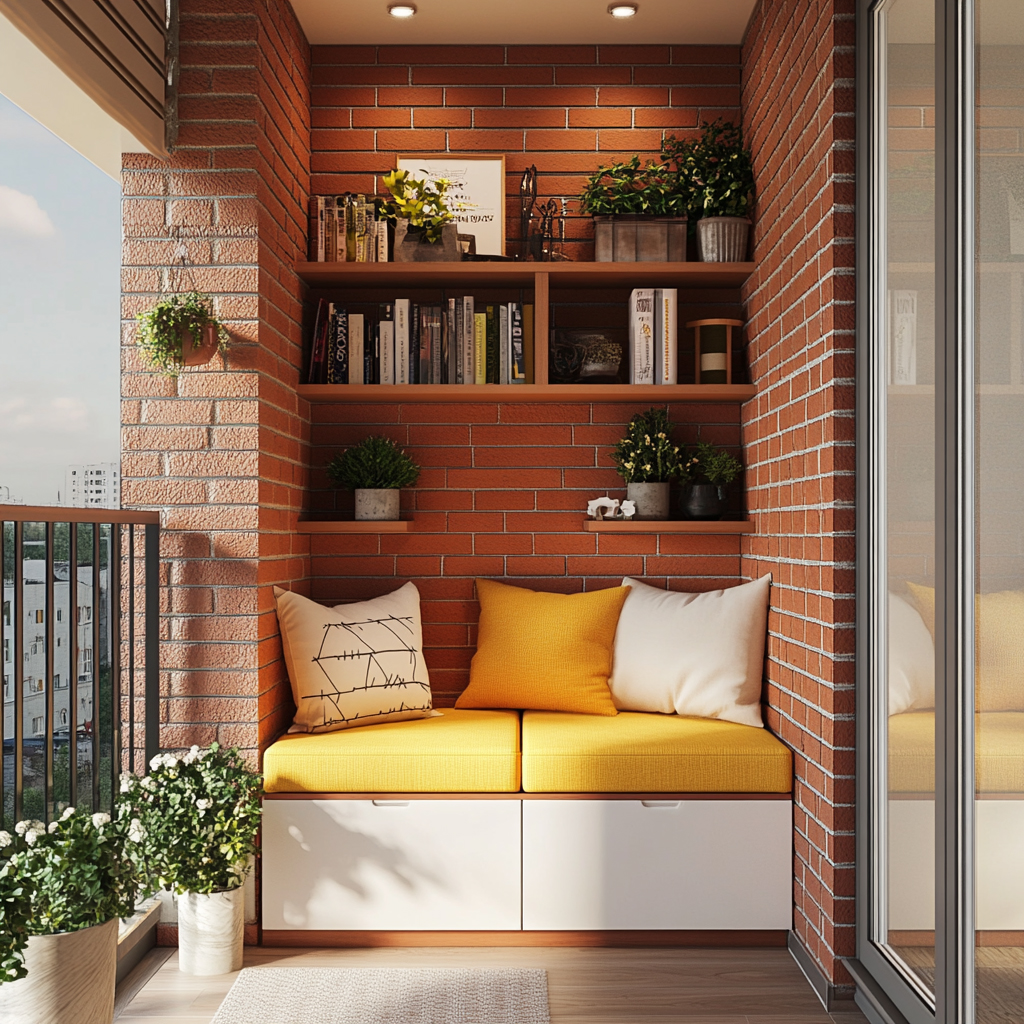 Rustic Balcony Design With Hanging Plants and Built-in Seating | Livspace