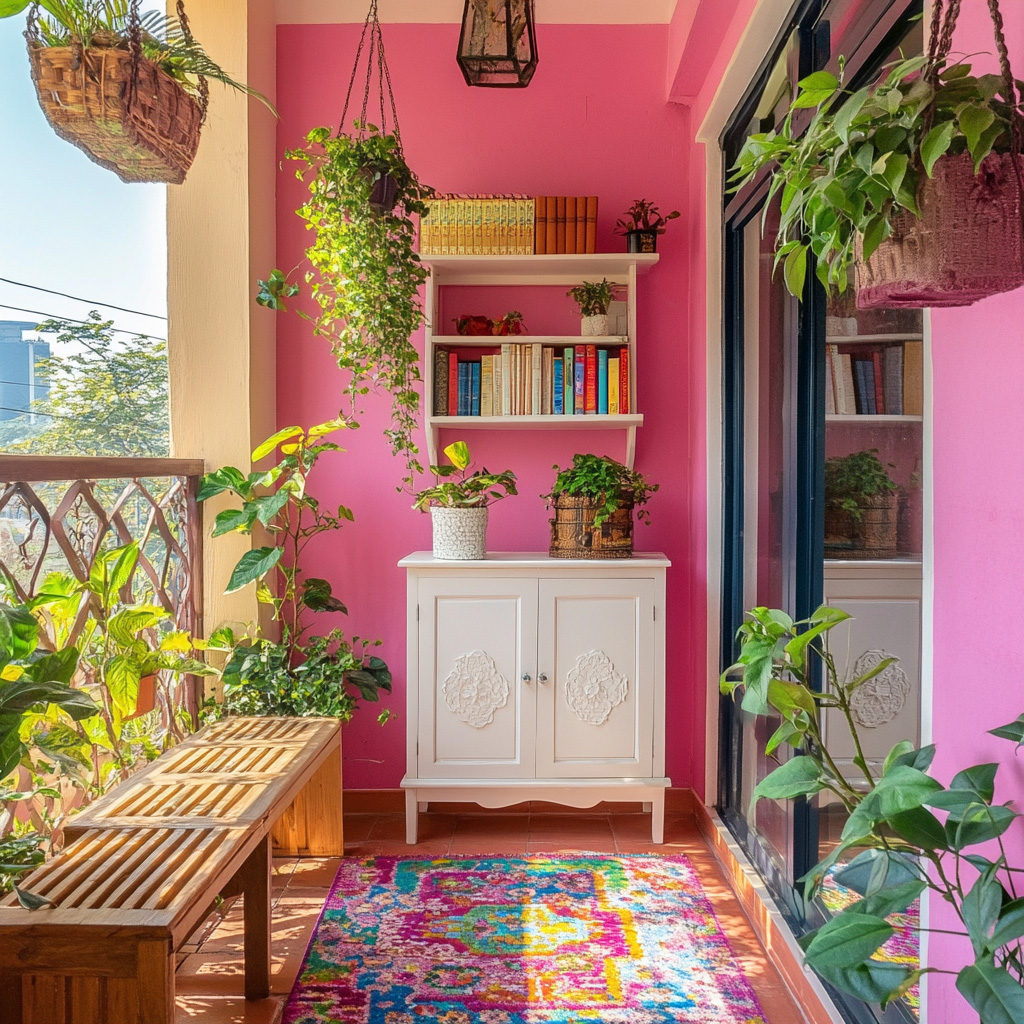 Balcony Design With Bohemian Wooden Bench and Decorative Storage ...