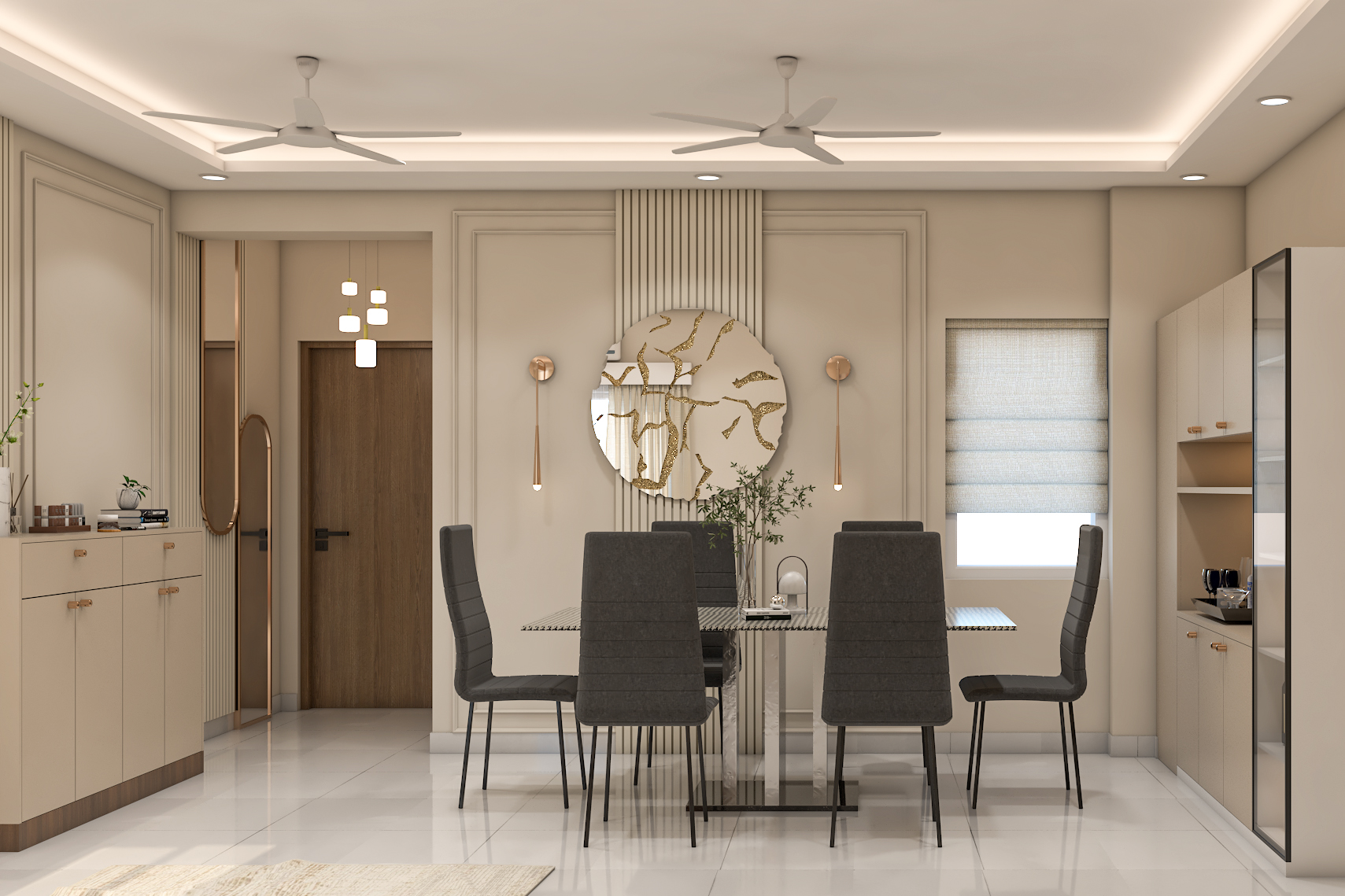 Contemporary Dining Room Design with Marble Table and Built-in Storage ...