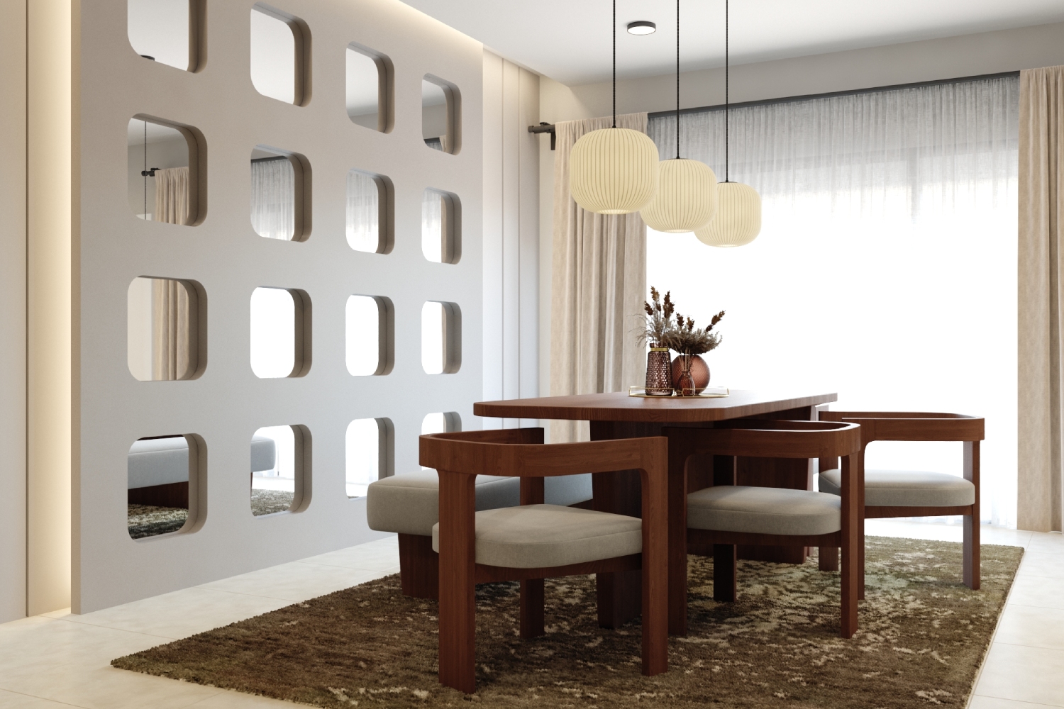6-Seater Wooden Contemporary Dining Room Design with Cutout Partition ...