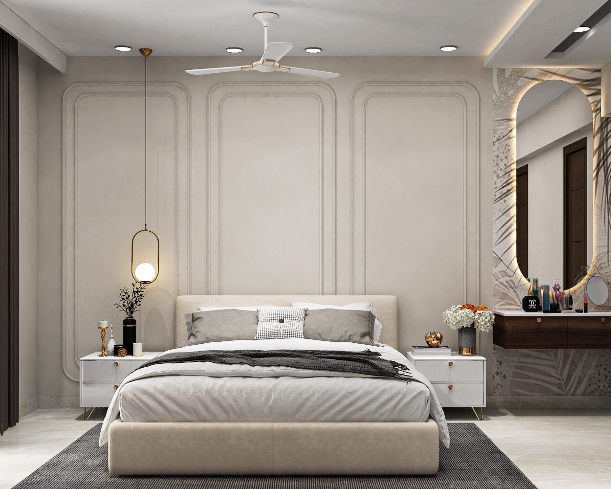 Guest Bedroom Design with Modern Pendant Lights and Built-In Cabinets ...