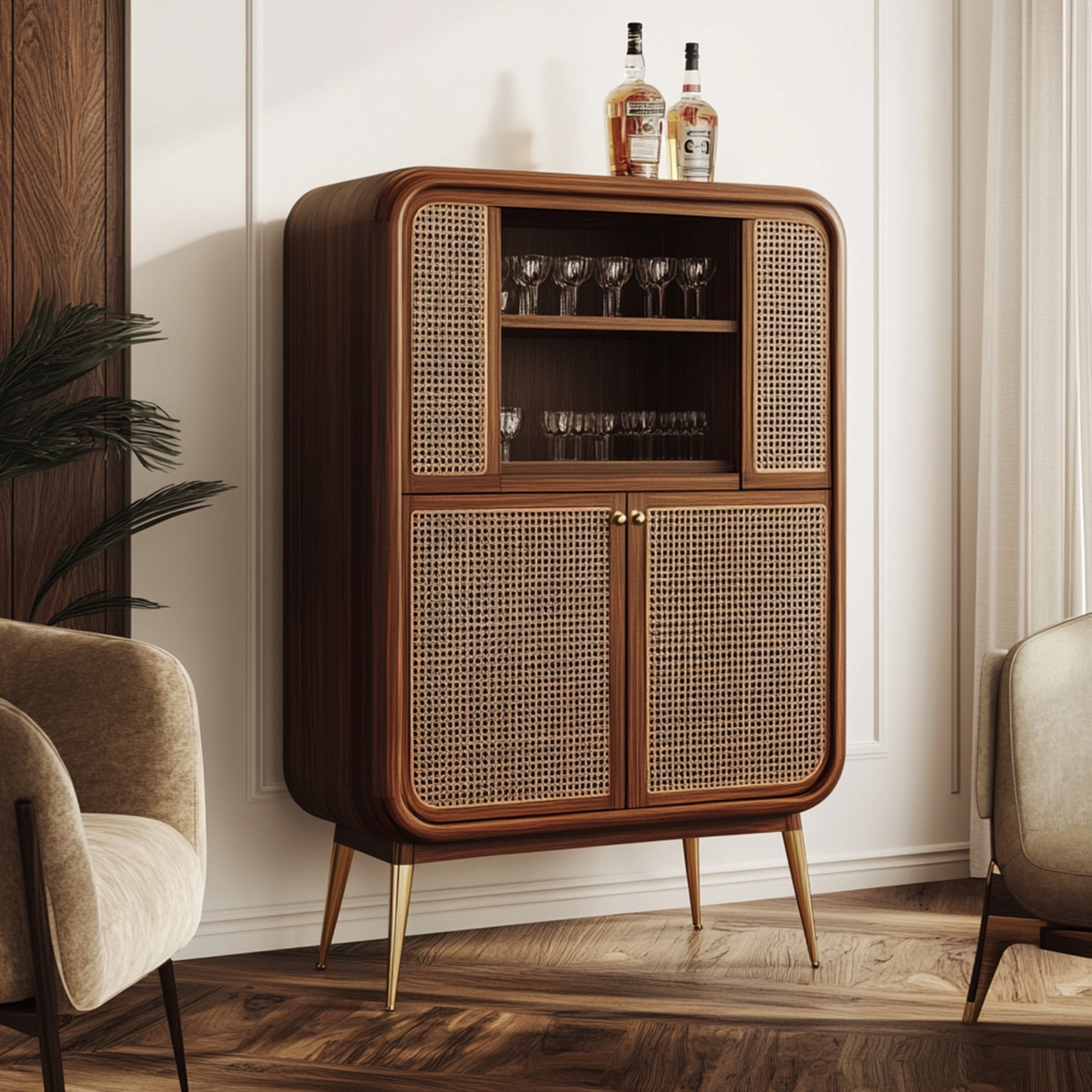 Cane-Inset Walnut Home Bar Design for Classic Living Rooms | Livspace