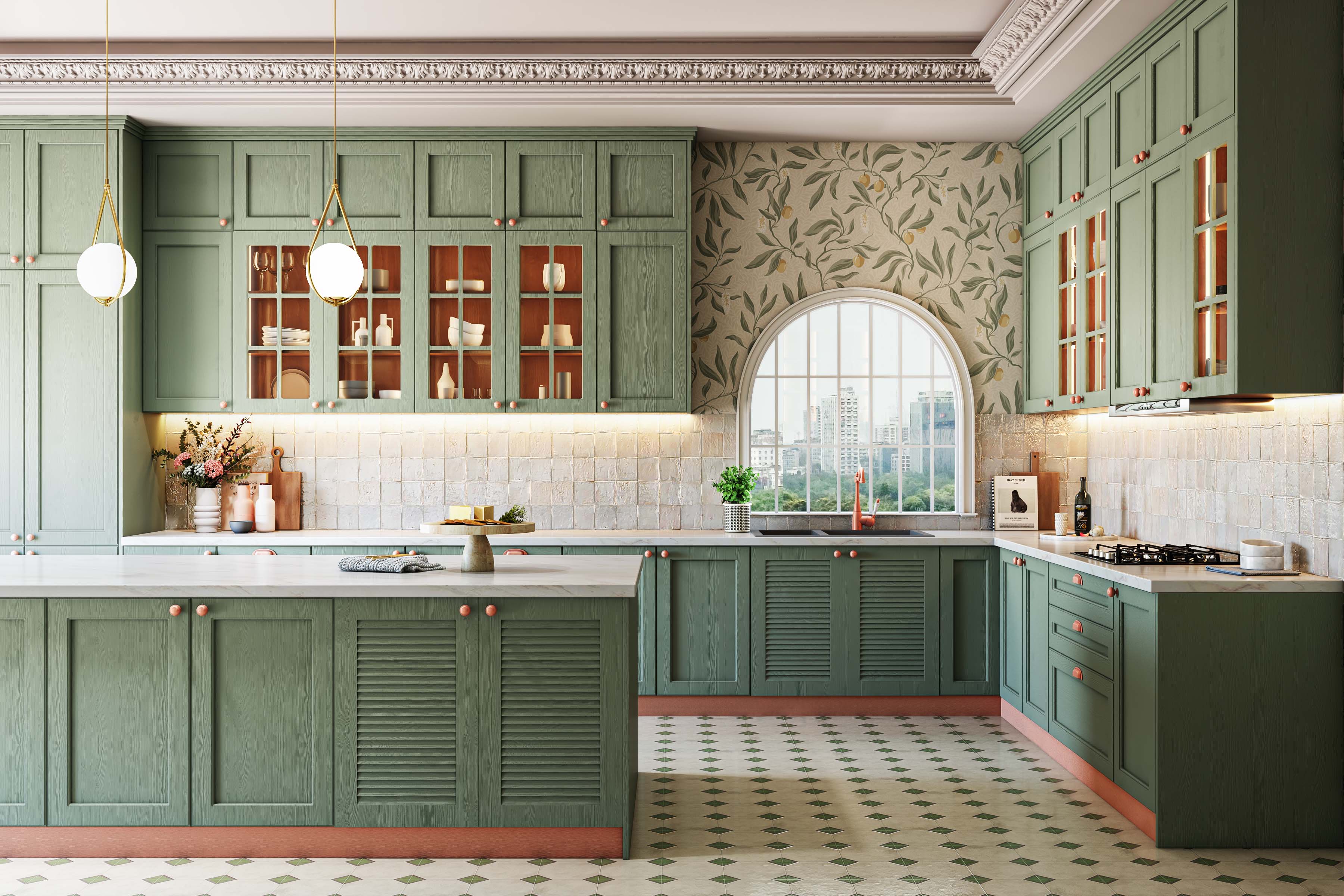 Eclectic L-Shaped Kitchen Design with White Marble Countertop and Glass ...