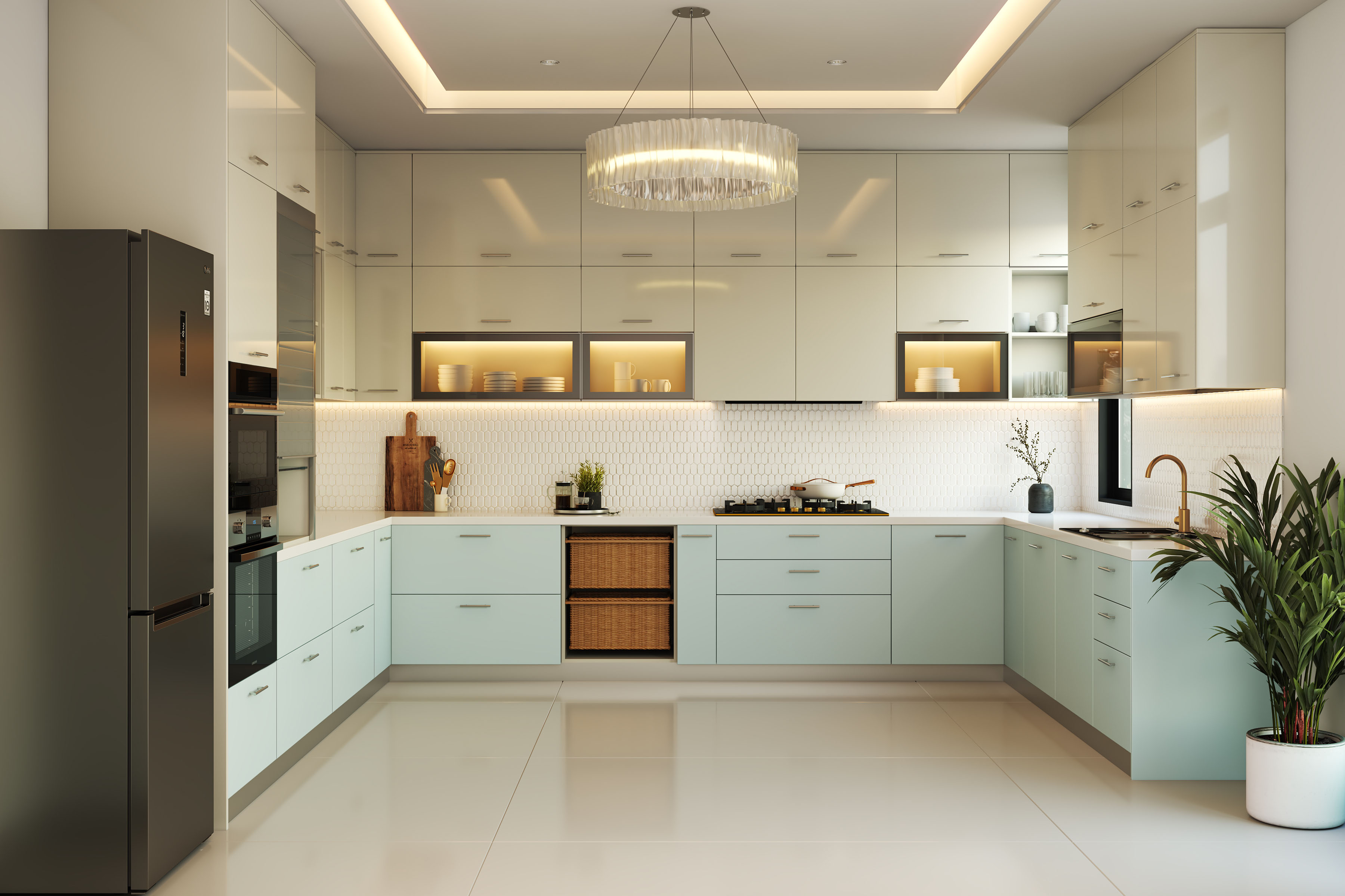 Modern U-Shaped Kitchen Design with Hex Tile Backsplash and LED Lights ...