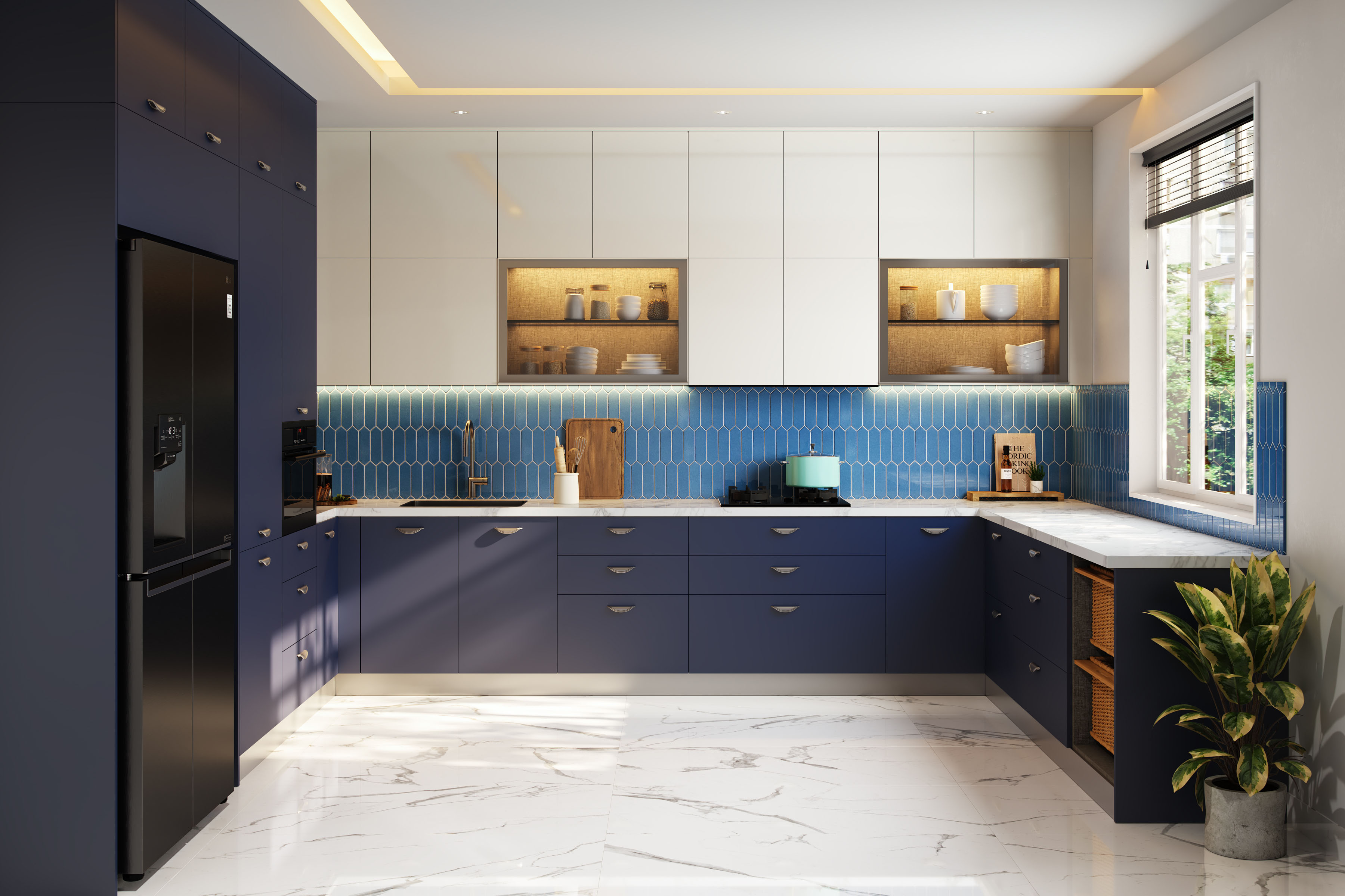 U-Shaped Kitchen Design with Quartz Counters and Contemporary Glass ...