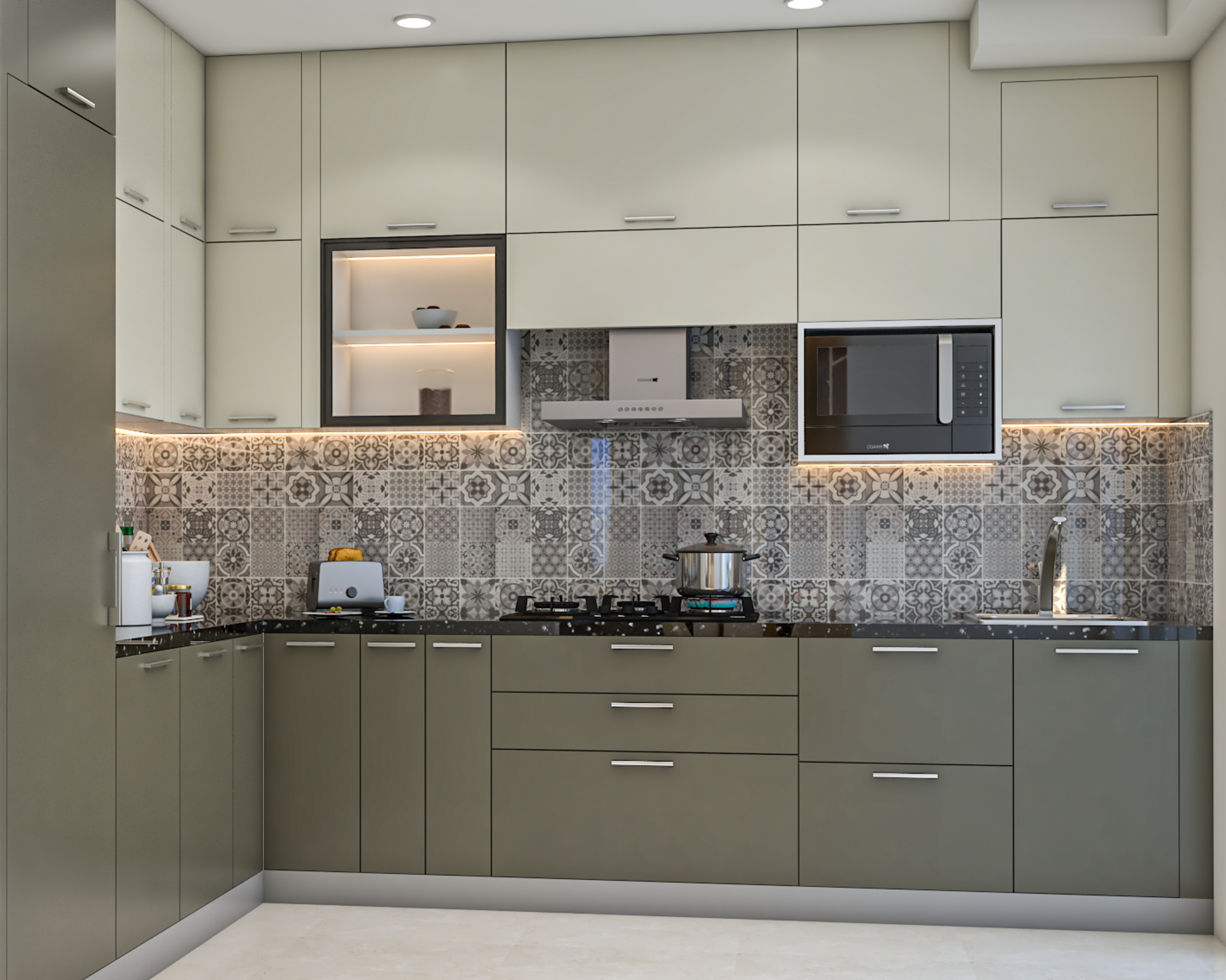 Contemporary L-Shaped Kitchen Design With Granite Countertop and ...