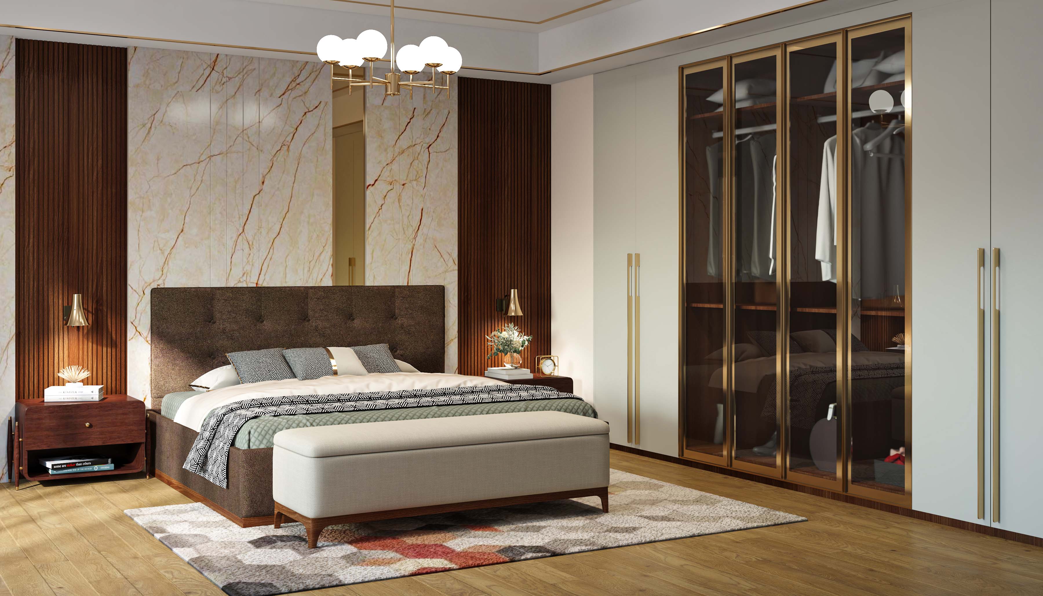Master Bedroom Design with Contemporary Wooden Slat and Marble Accent ...