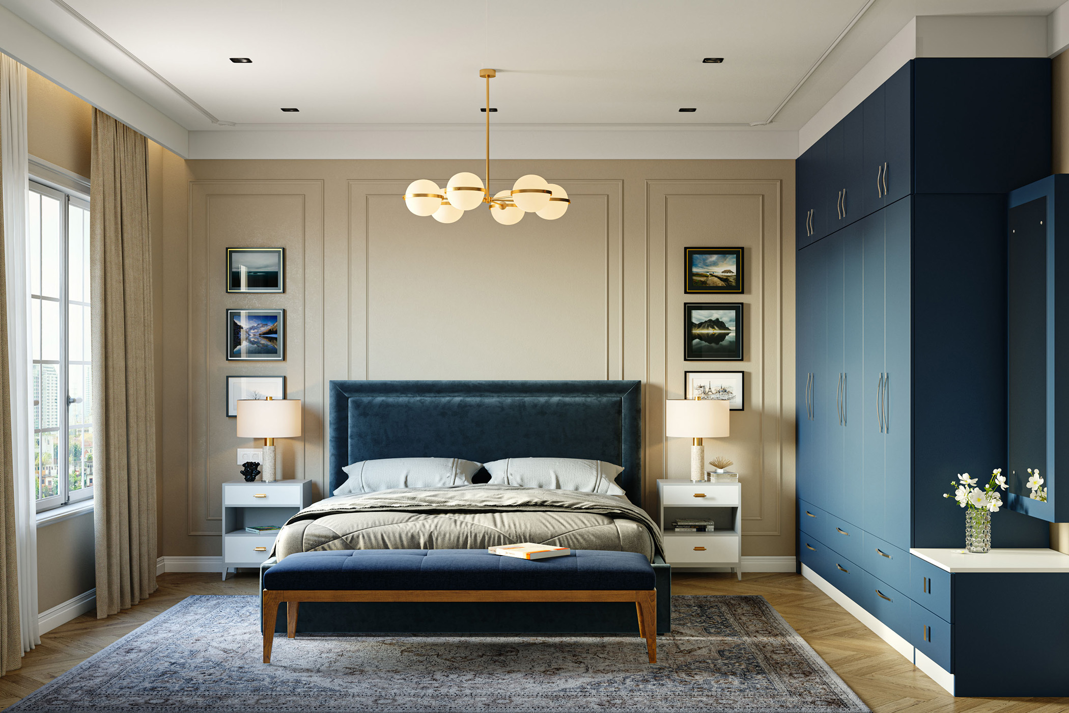 Classic Master Bedroom Design with Navy Blue Velvet Bed and Wardrobe ...