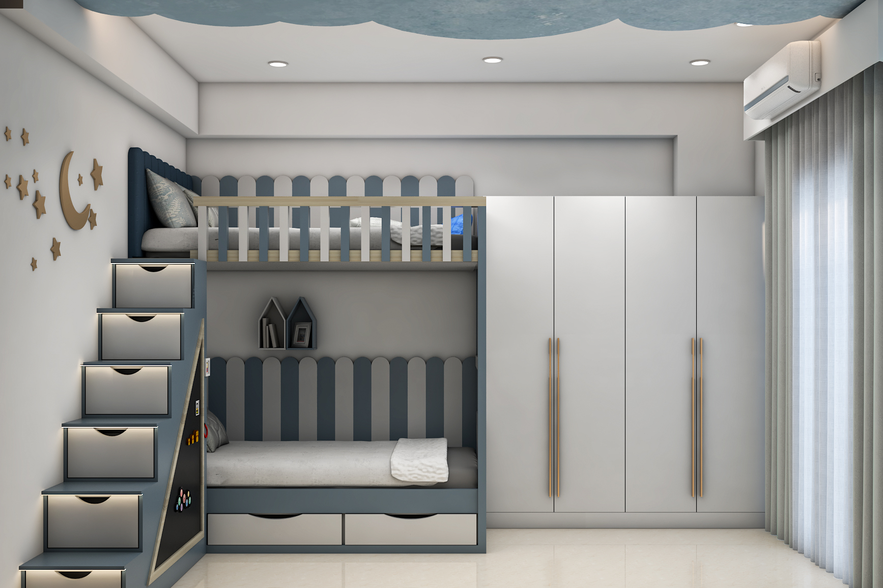 Compact Room Design With Bunk Bed and Staircase Storage Drawers | Livspace - Compact Apartment Furniture With Built-In Bunk Beds And Storage
