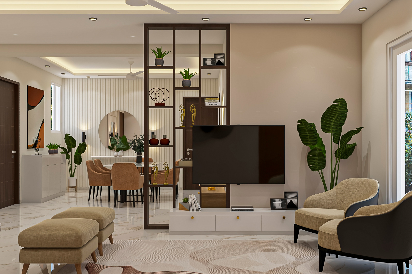 White Contemporary TV Unit Design With Open and Closed Storage | Livspace