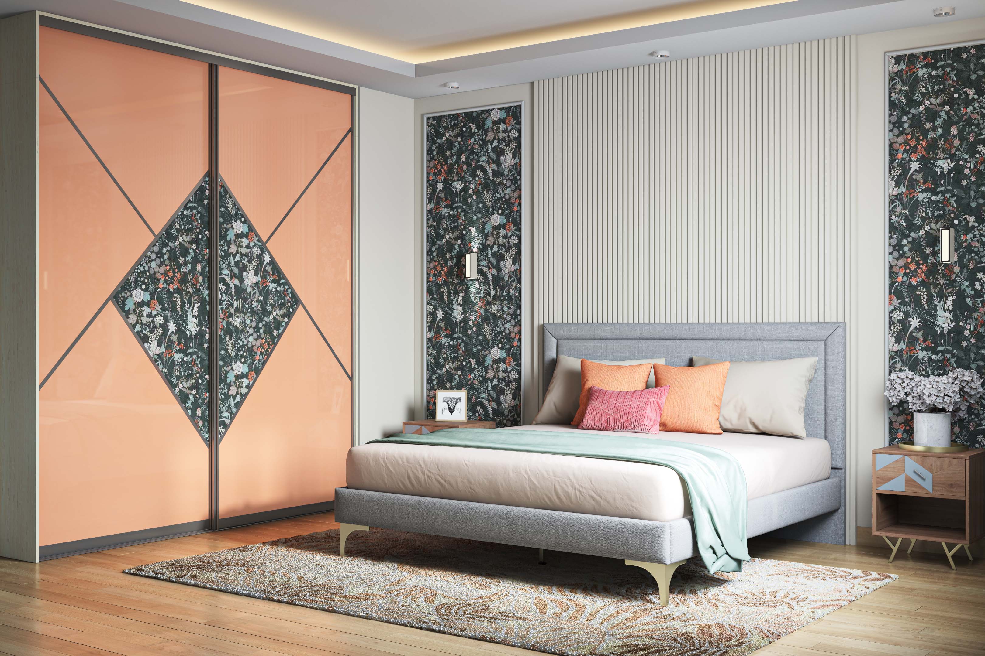 Contemporary Bedroom Wall Design With Floral Wallpaper and Grooved ...