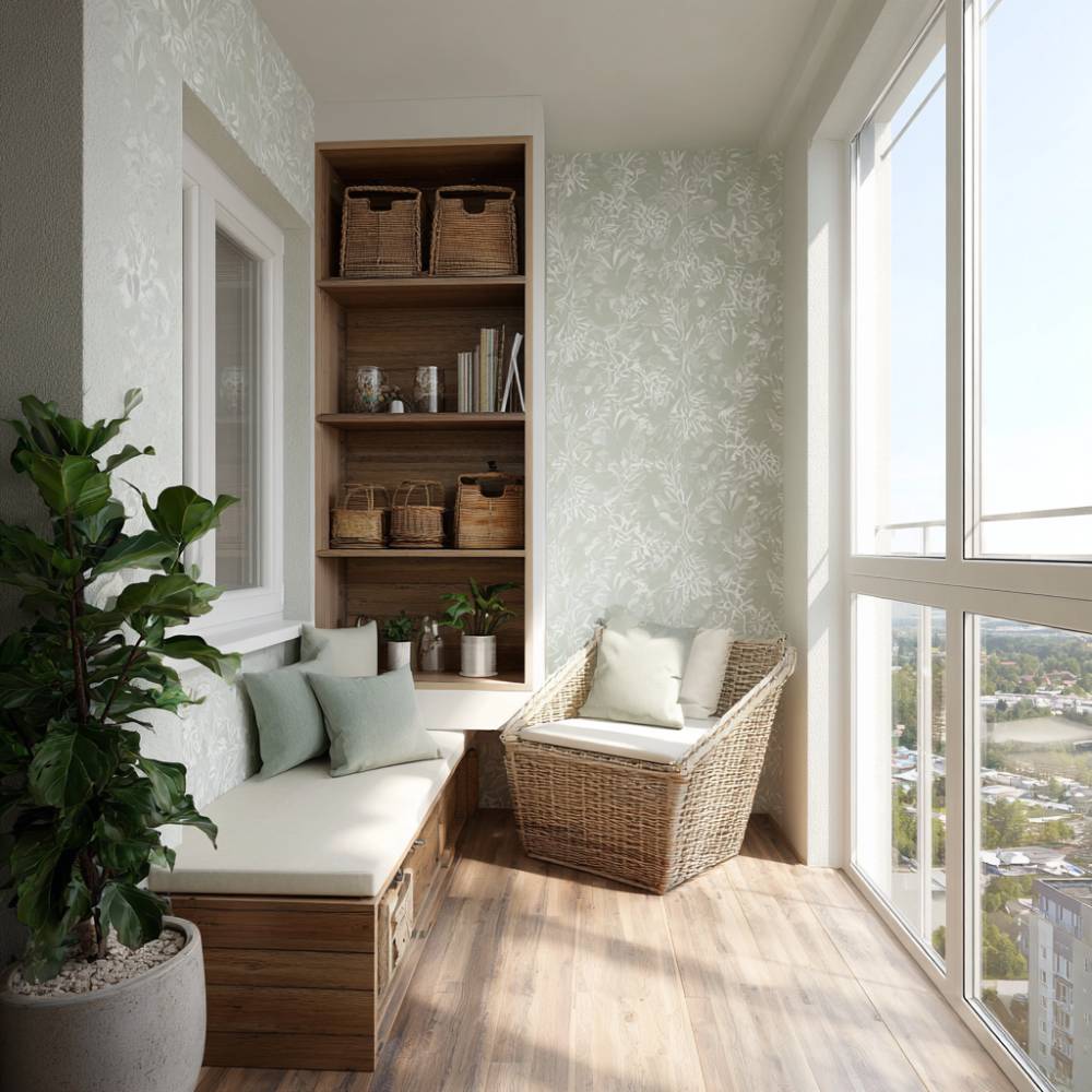 Modern Balcony Design with Built-In Seating and Botanical Wallpaper ...