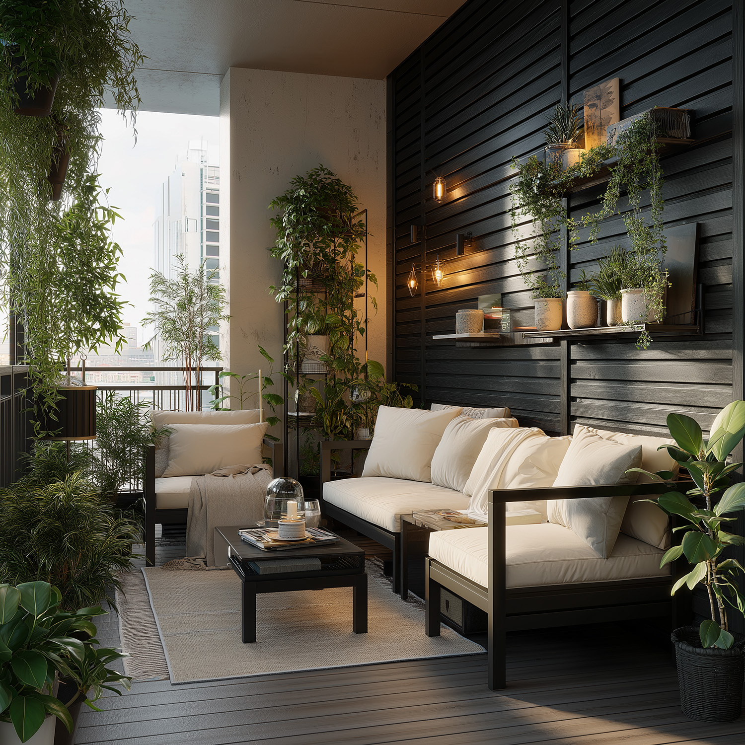 Contemporary Balcony Design With Cishioned Sofas, Black Slatted Wall ...