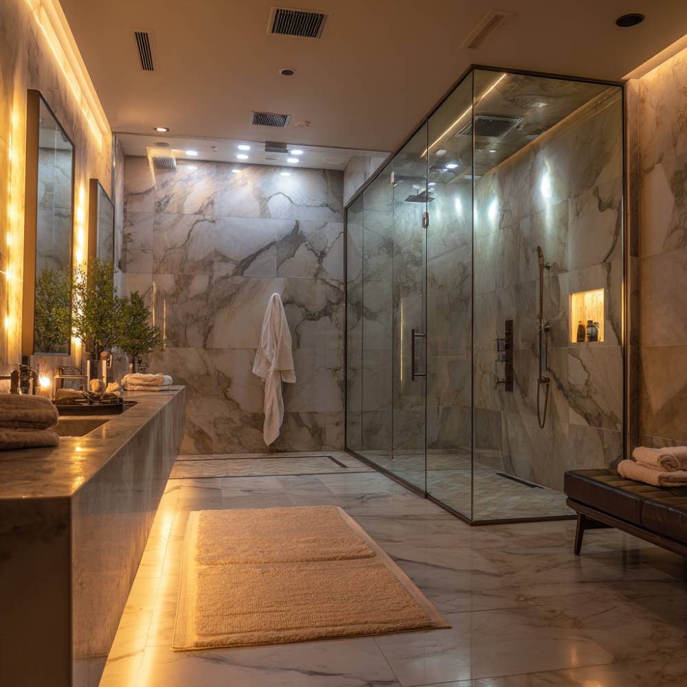 Contemporary Grey and White Bathroom Design with Marble Walls and ...