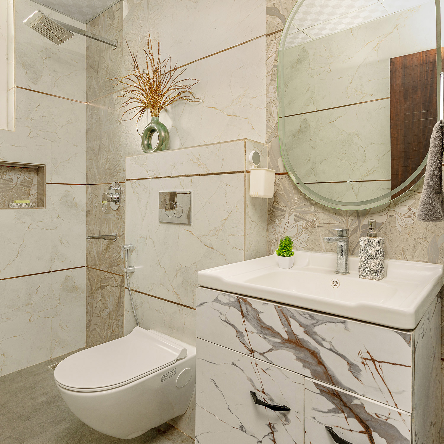 Modern Bathroom Design Featuring Cream Tiles and Textured Cabinet ...