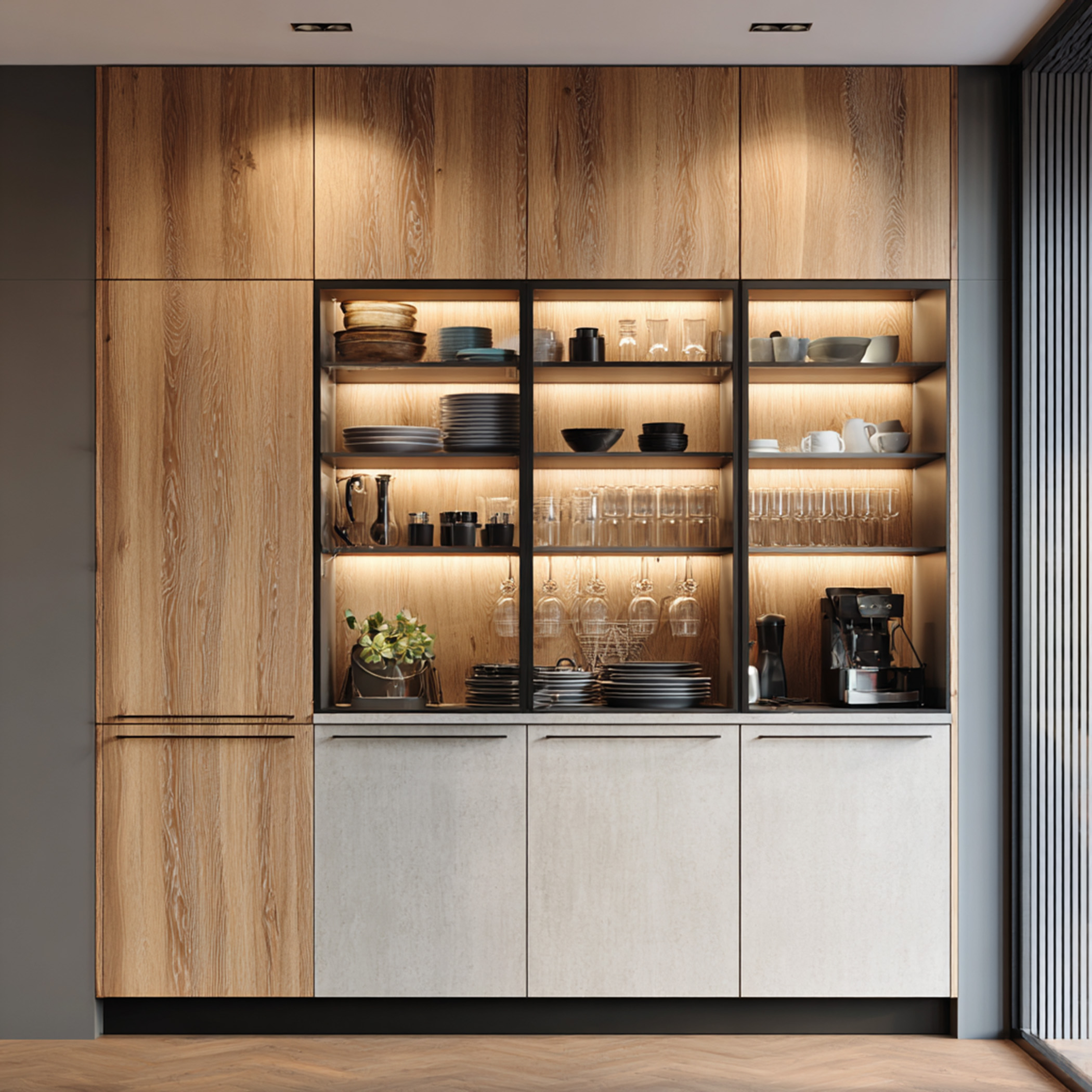 Modern Crockery Unit Design With Oak Finish and Matte Cabinetry | Livspace