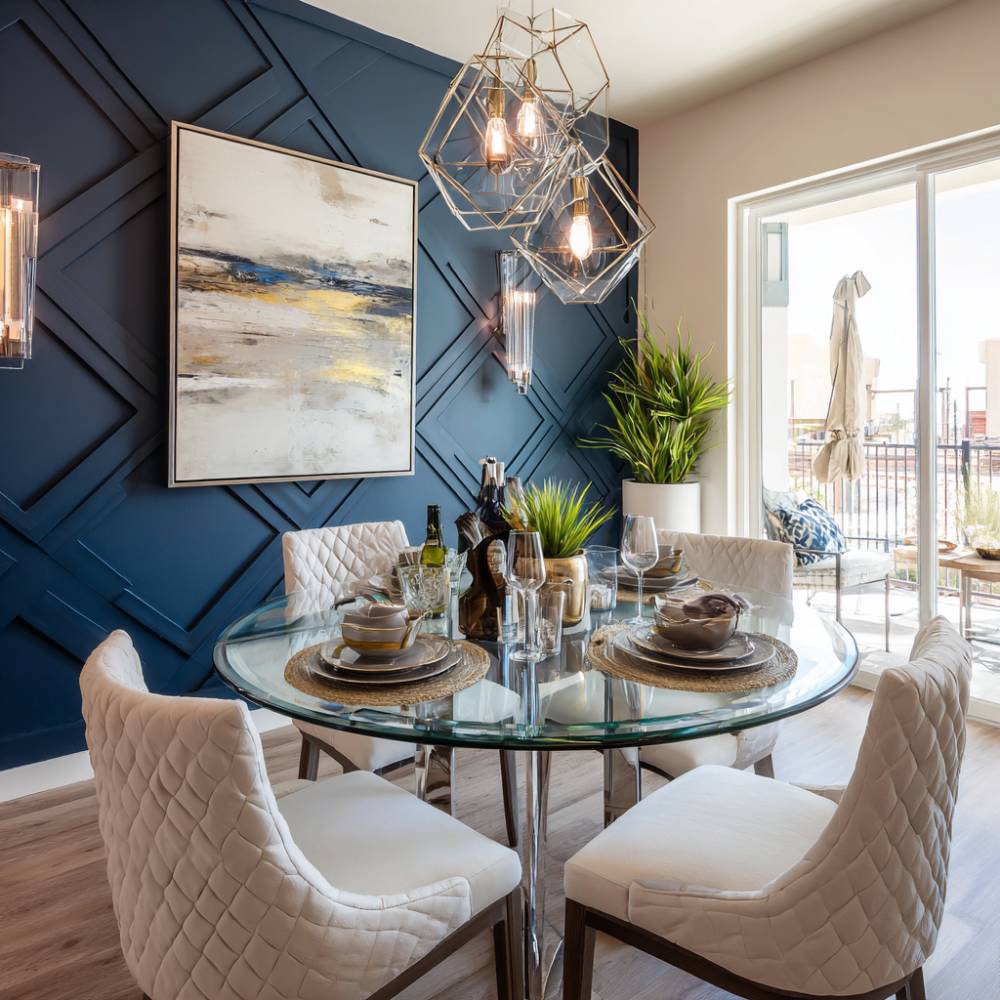 Dining Room Design with Modern Round Glass Table and Quilted Seating ...