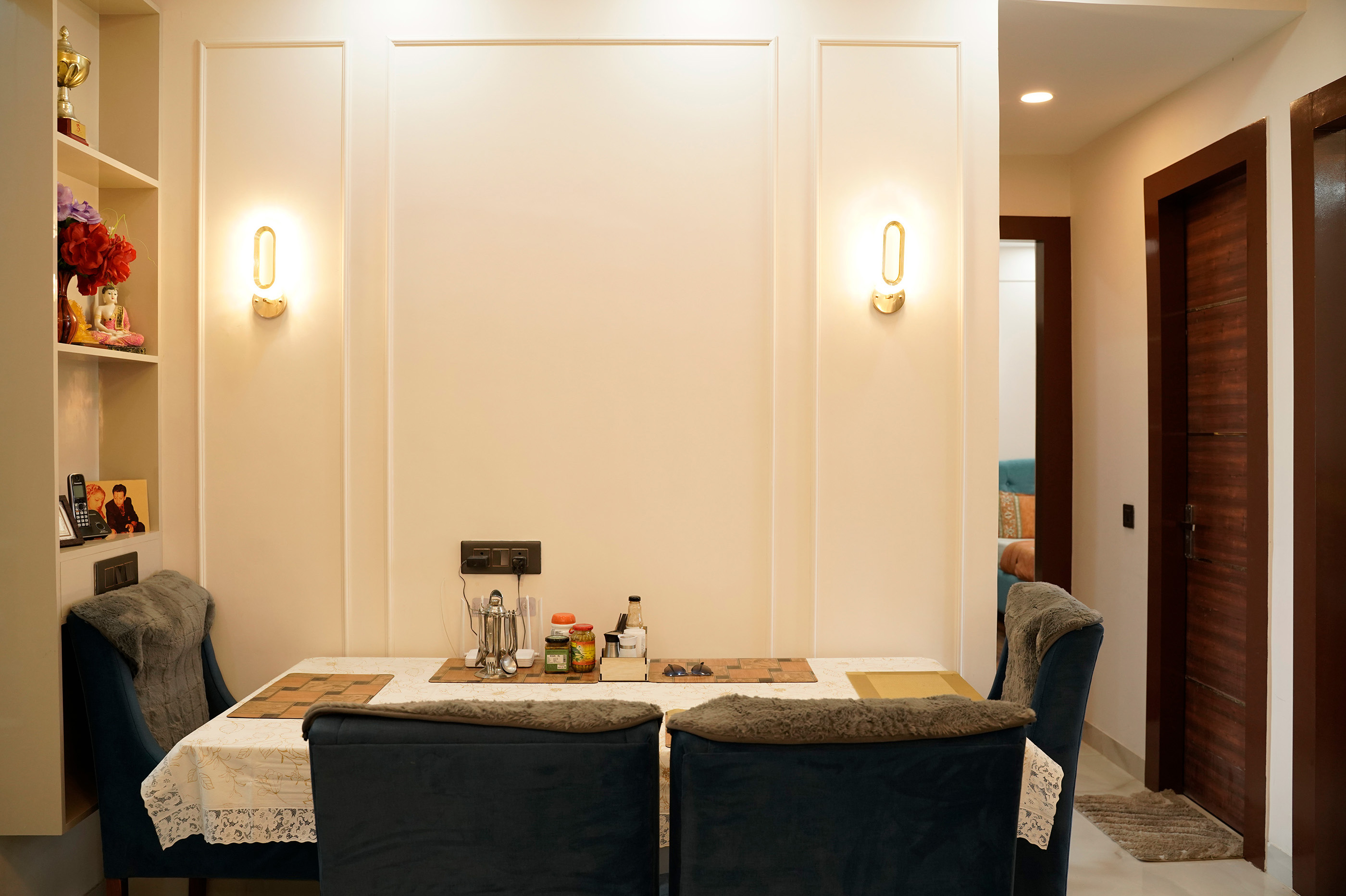 Dining Room Design with Modern Upholstered Blue Chairs and Built-In ...