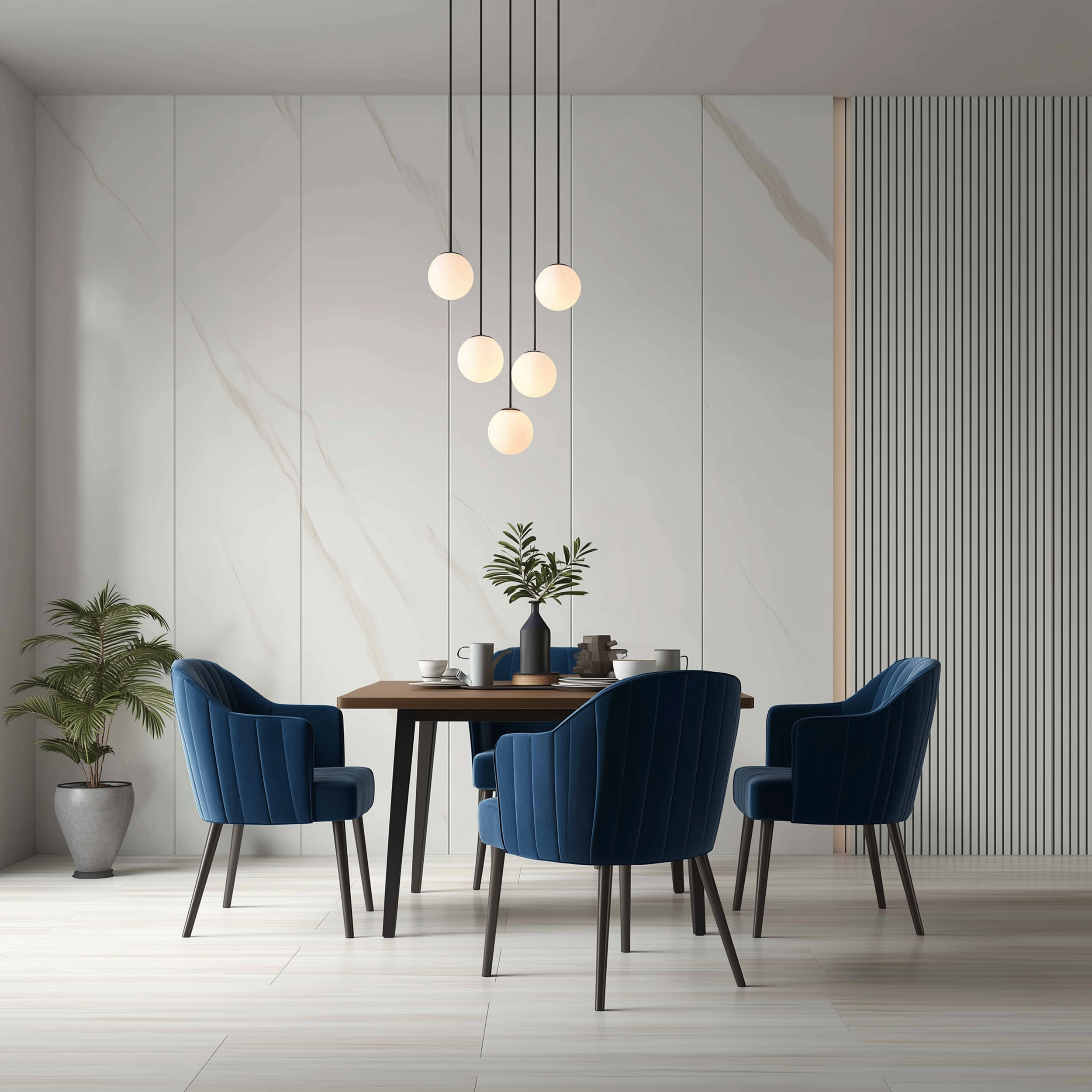 Dining Room Design with Minimal Navy Blue Chairs and Under-Table ...