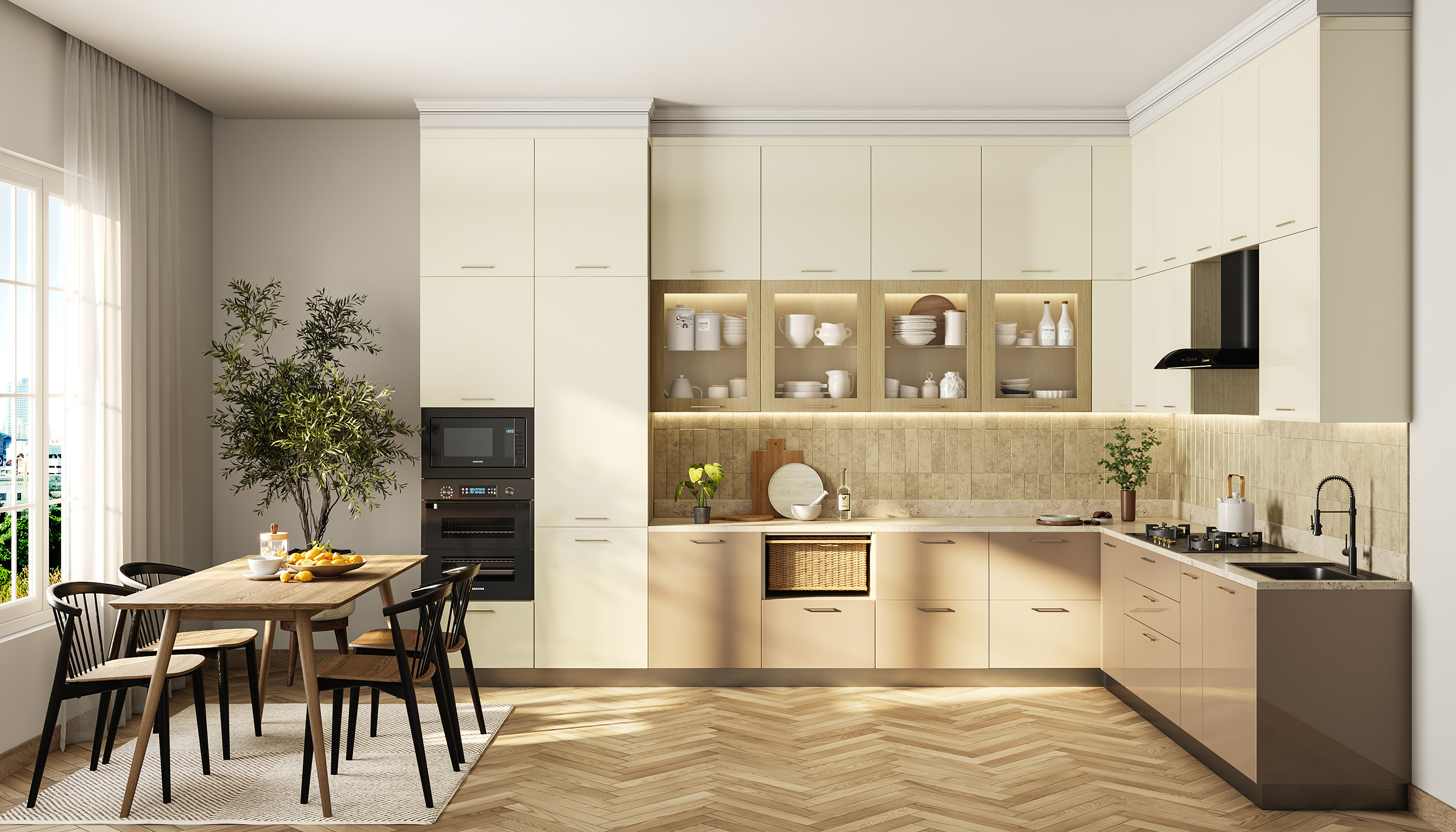 Scandinavian Dining Room Design Featuring Natural Wood and Tall Cabinet ...