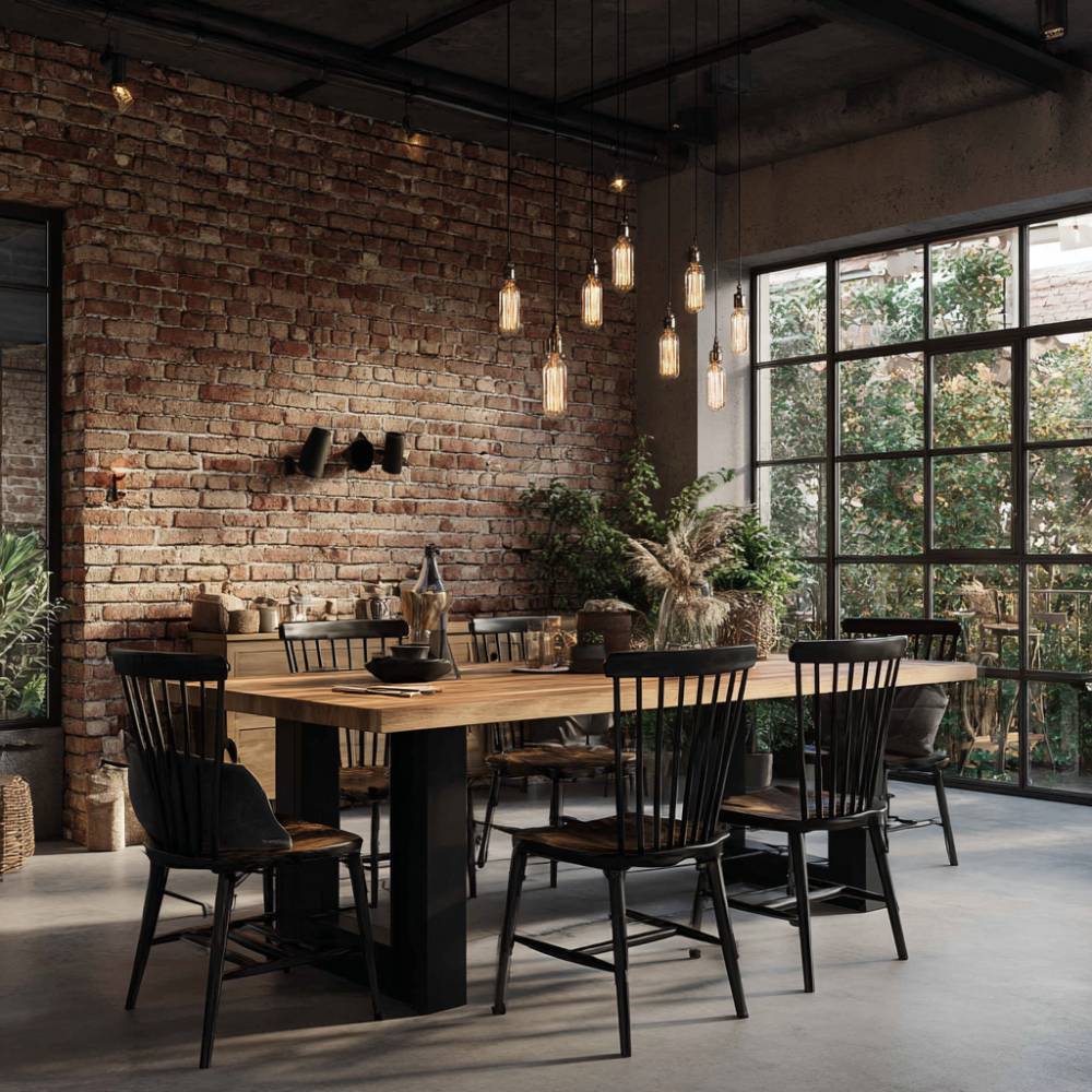 Industrial Dining Room Design Featuring Black Spindle-Back Wooden ...