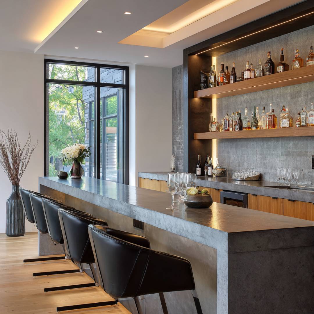 Modern Home Bar Design With Concrete Texture, Floating Display and ...