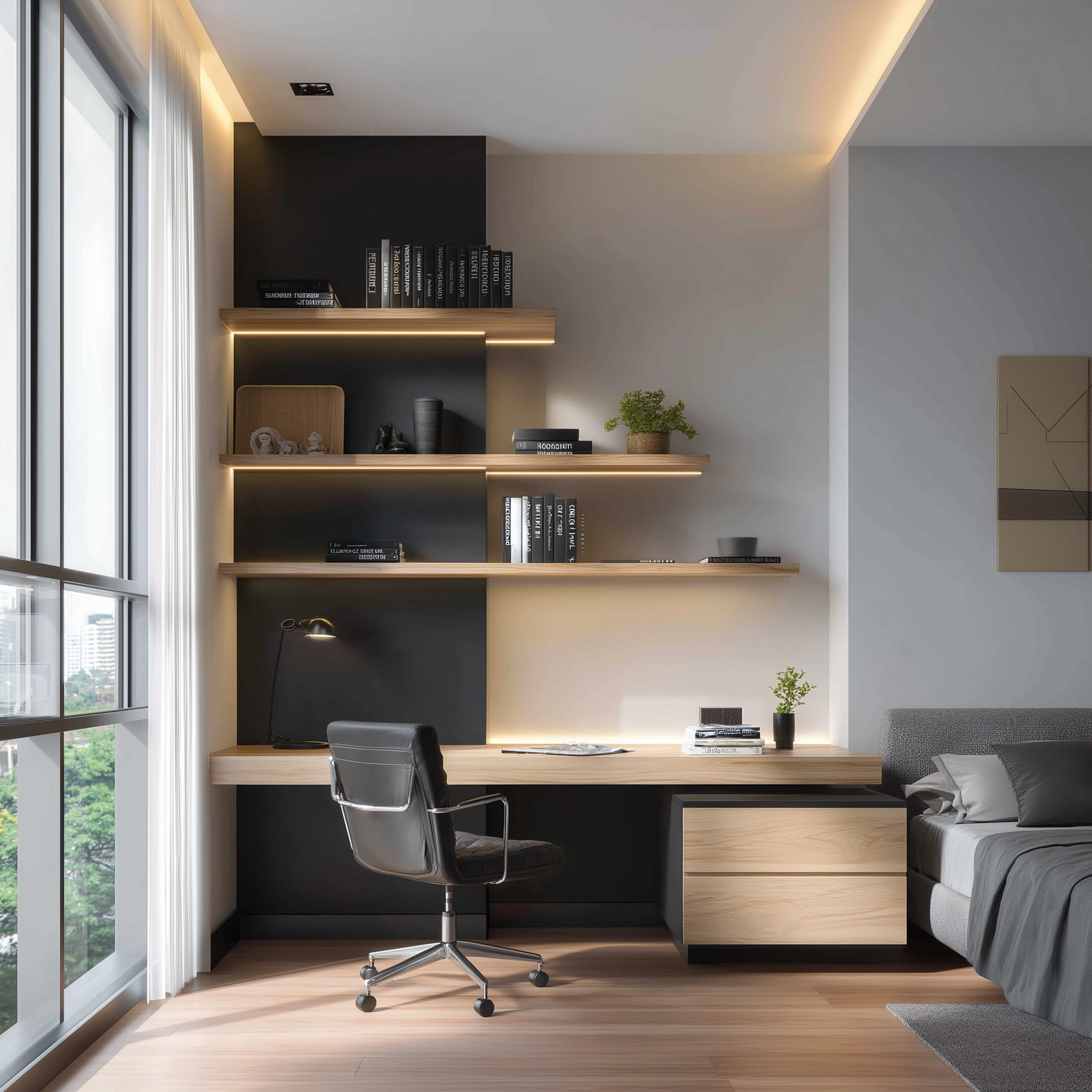 Modern Black and Light Wood Home Office Design with Wall-Mounted ...