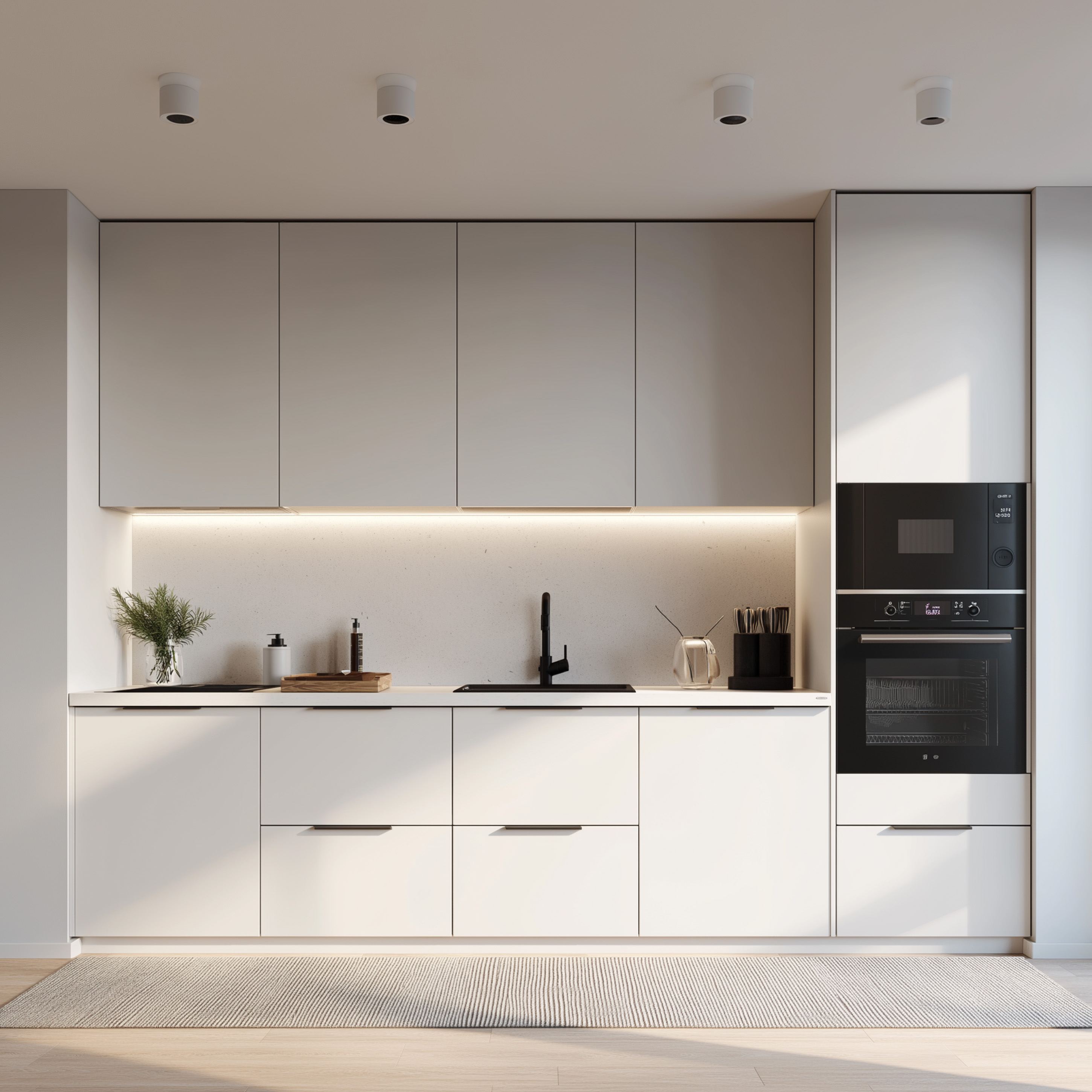 Open Kitchen Design with Minimal White Cabinets and Quartz Countertop ...