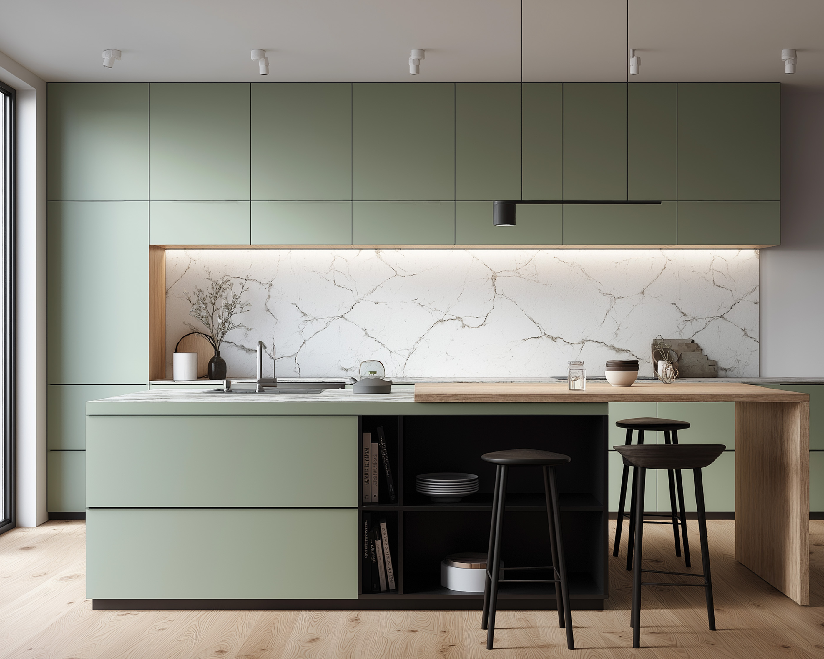 Island Kitchen Design with Minimal Sage Green Cabinets and Quartz ...
