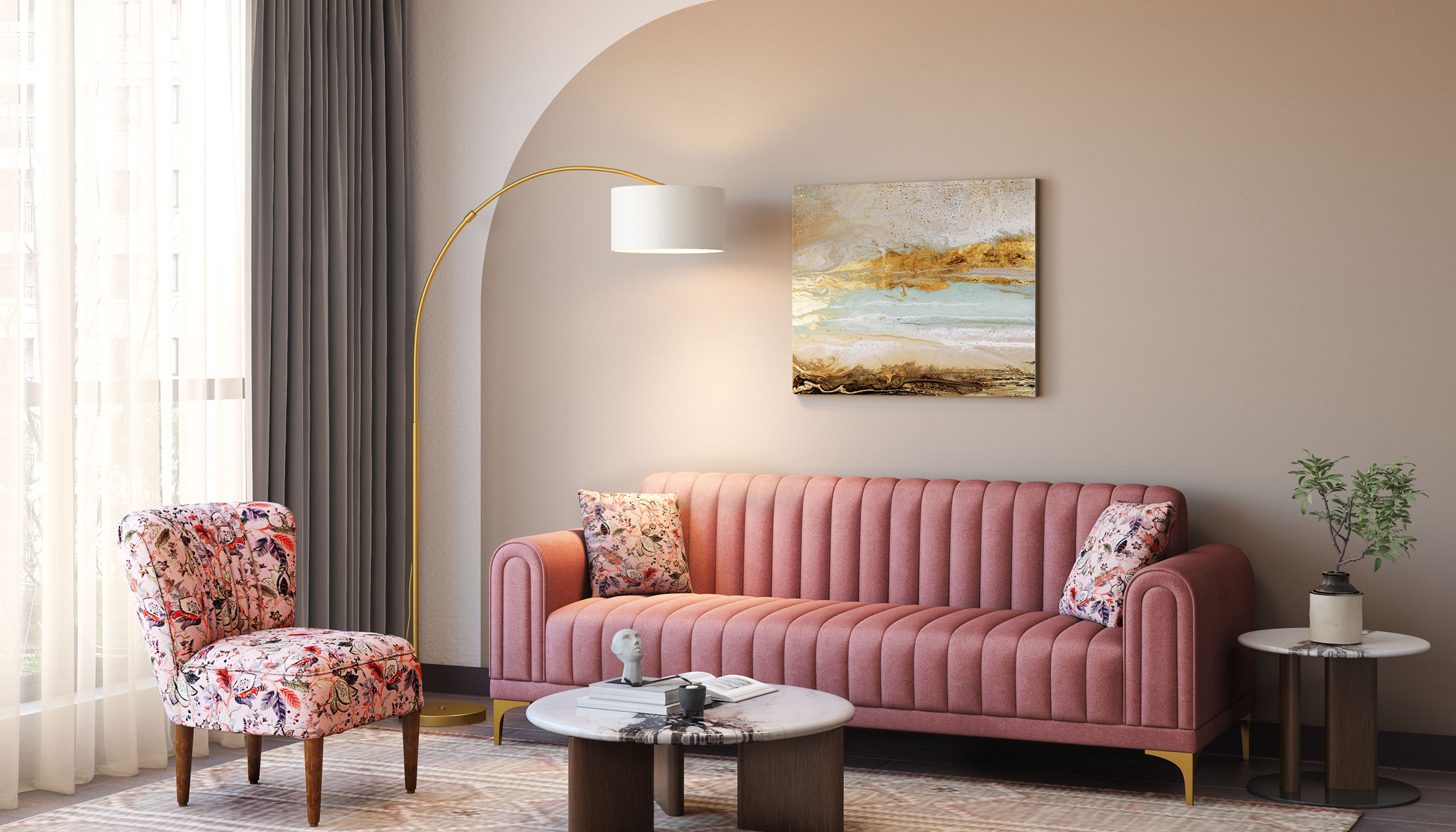 Modern Living Room Design With Tufted Sofa and Floral Chair | Livspace